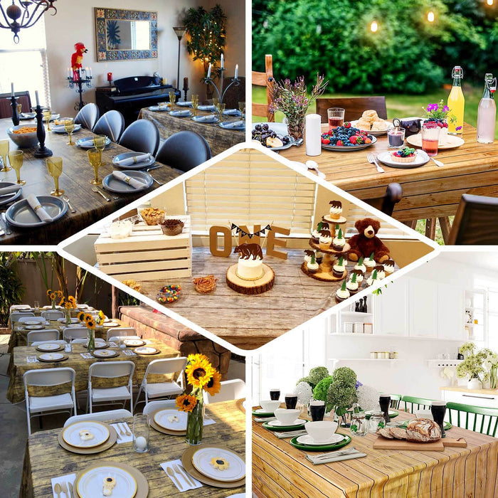 Natural Rectangle Plastic Table Cover in Rustic Wooden Print, 52"x108" PVC Waterproof Disposable Tablecloth