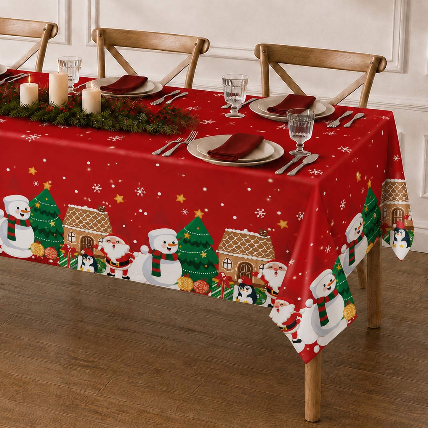 5 Pack 54"x108" Plastic Christmas Tablecloths Rectangular - Red, Santa Claus & Snowman Disposable Pa
