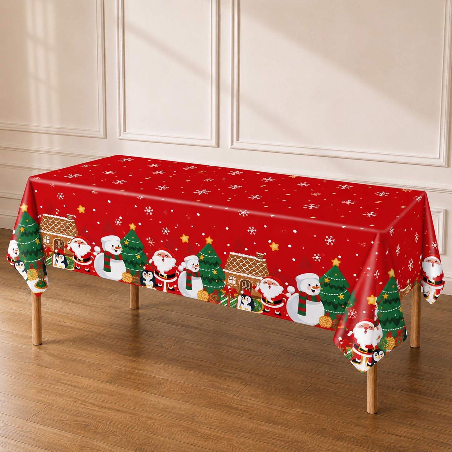 5 Pack 54"x108" Plastic Christmas Tablecloths Rectangular - Red, Santa Claus & Snowman Disposable Pa