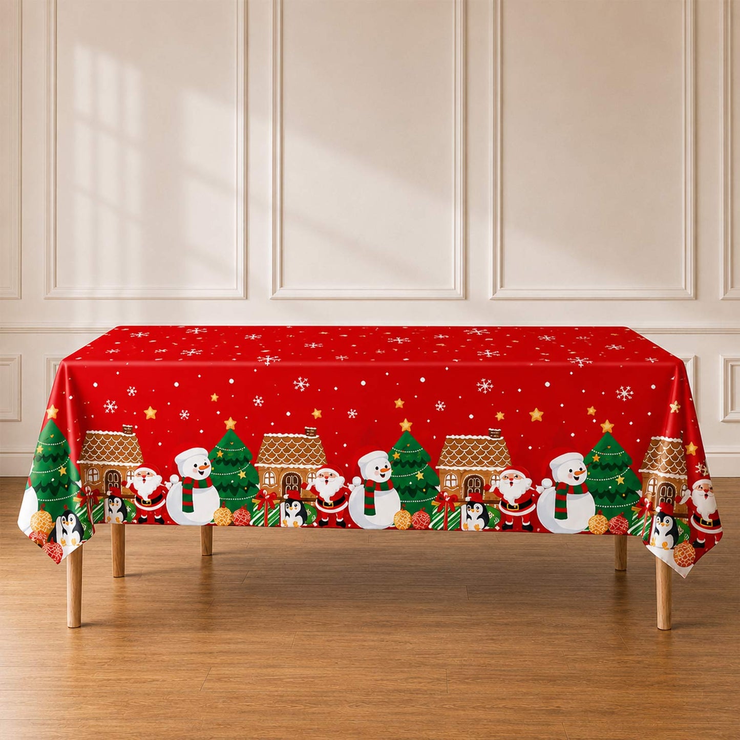 5 Pack 54"x108" Plastic Christmas Tablecloths Rectangular - Red, Santa Claus & Snowman Disposable Pa