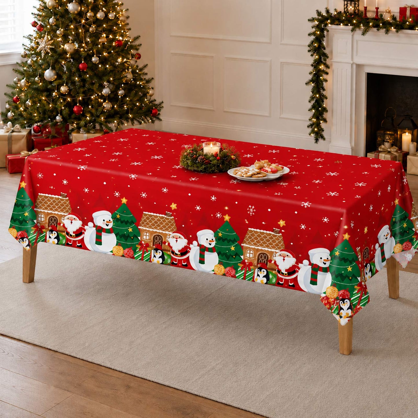 5 Pack 54"x108" Plastic Christmas Tablecloths Rectangular - Red, Santa Claus & Snowman Disposable Pa