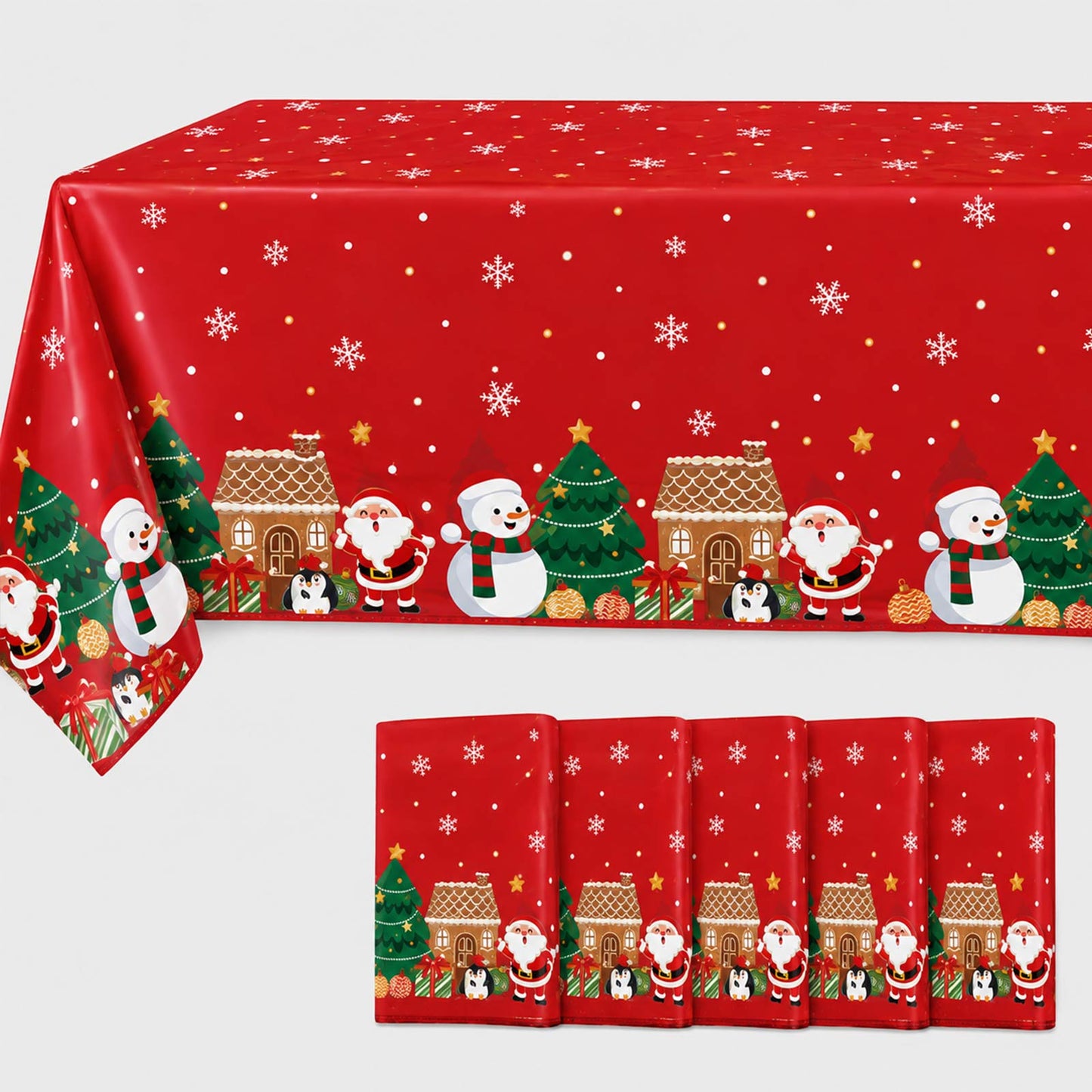 5 Pack 54"x108" Plastic Christmas Tablecloths Rectangular - Red, Santa Claus & Snowman Disposable Pa