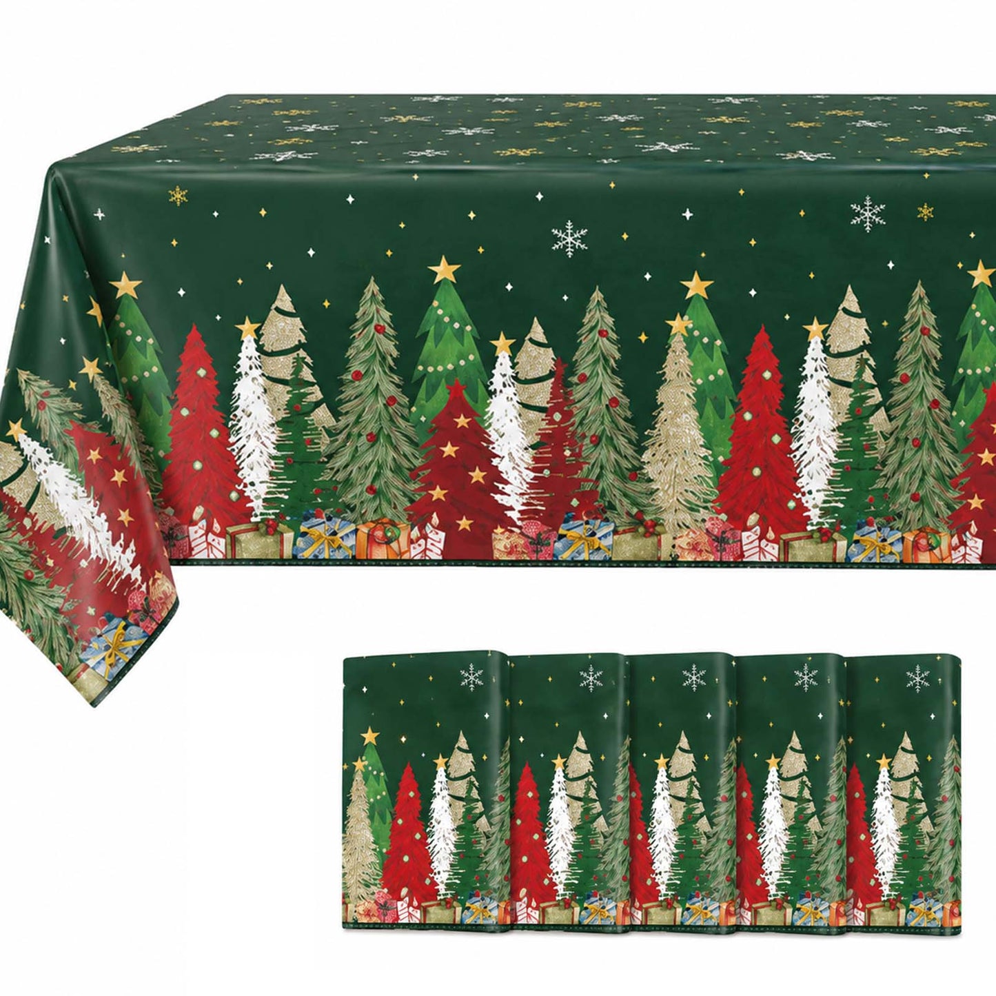5 Pack 54"x108" Plastic Christmas Tablecloths Rectangular - Green, Christmas Tree, Snowflake & Gift 
