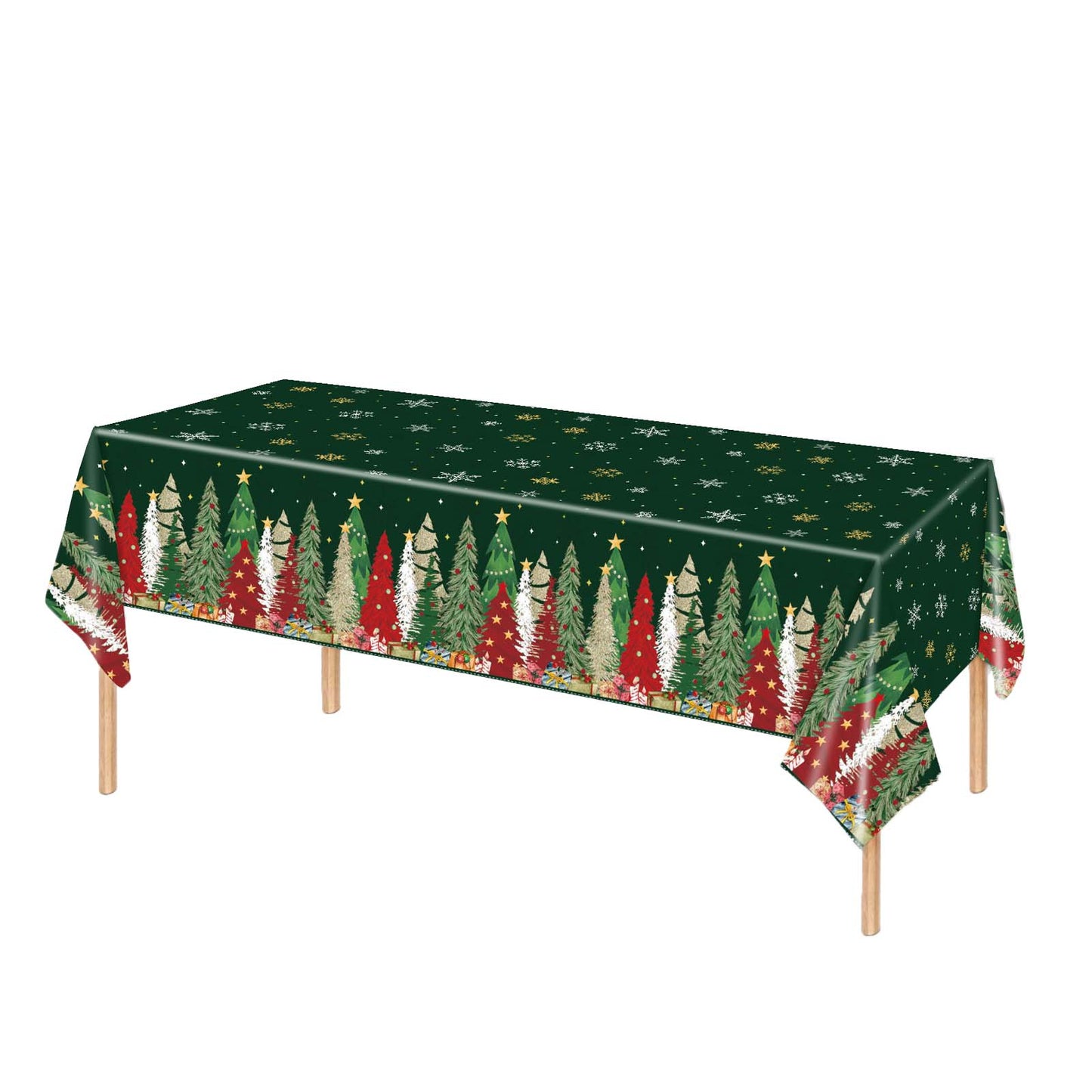 5 Pack 54"x108" Plastic Christmas Tablecloths Rectangular - Green, Christmas Tree, Snowflake & Gift 