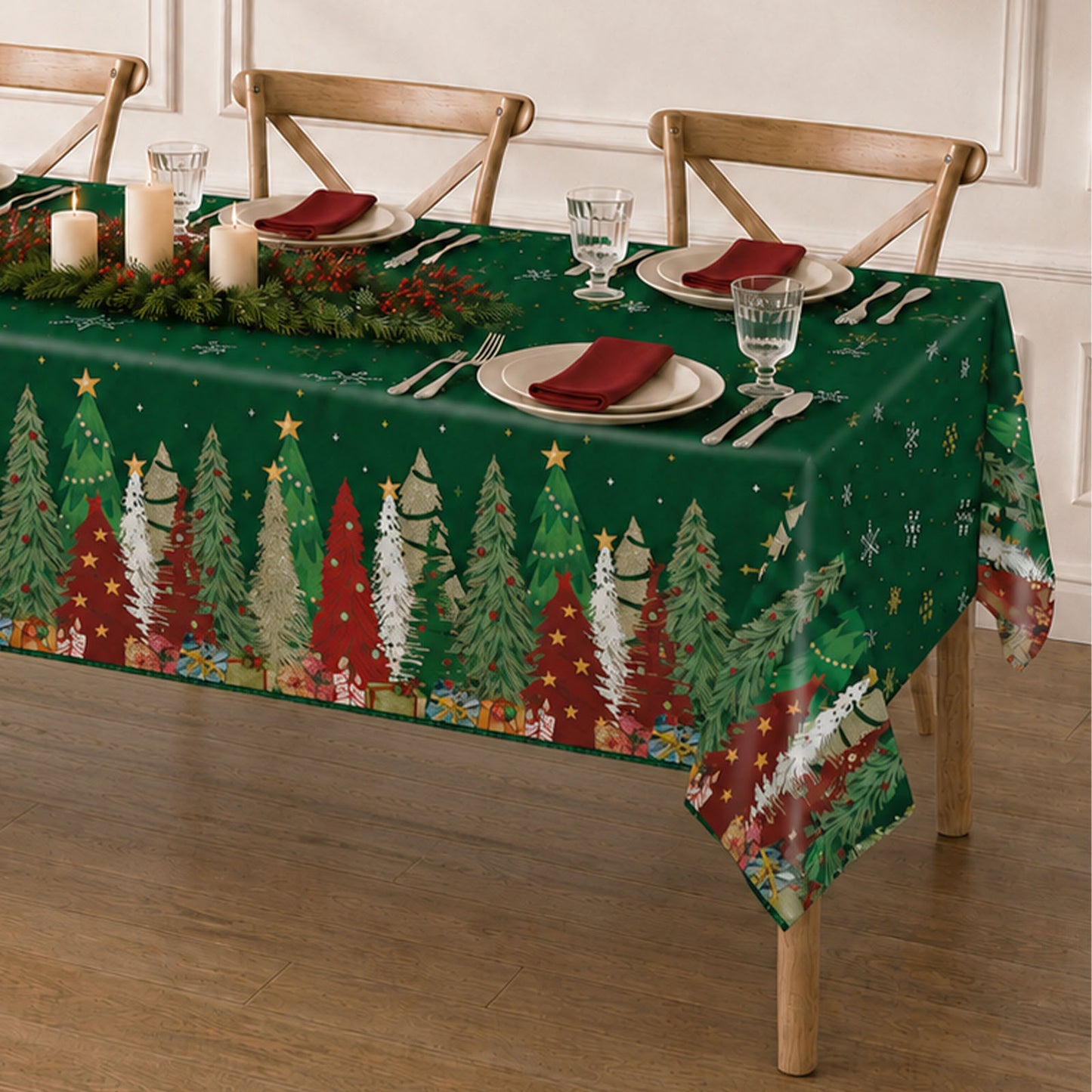 5 Pack 54"x108" Plastic Christmas Tablecloths Rectangular - Green, Christmas Tree, Snowflake & Gift 