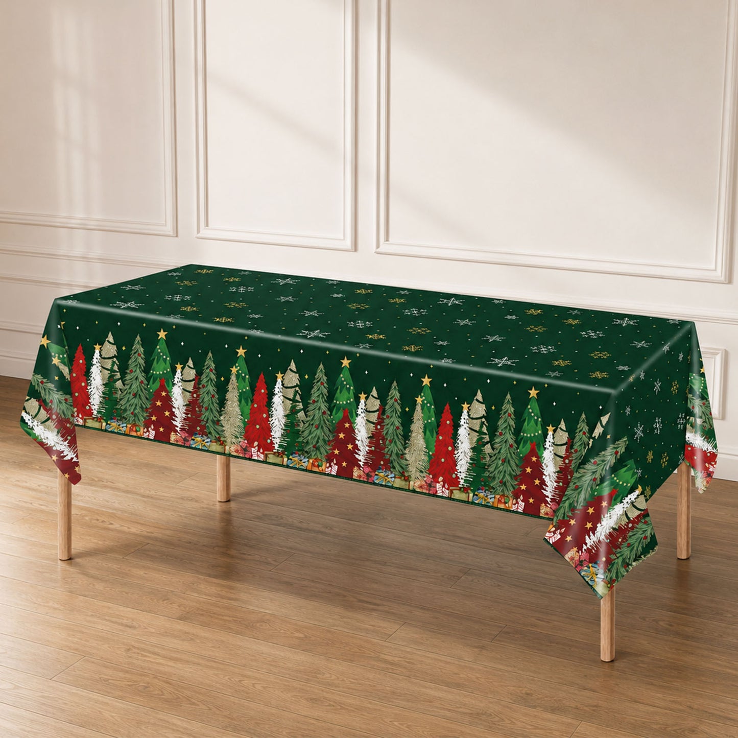 5 Pack 54"x108" Plastic Christmas Tablecloths Rectangular - Green, Christmas Tree, Snowflake & Gift 