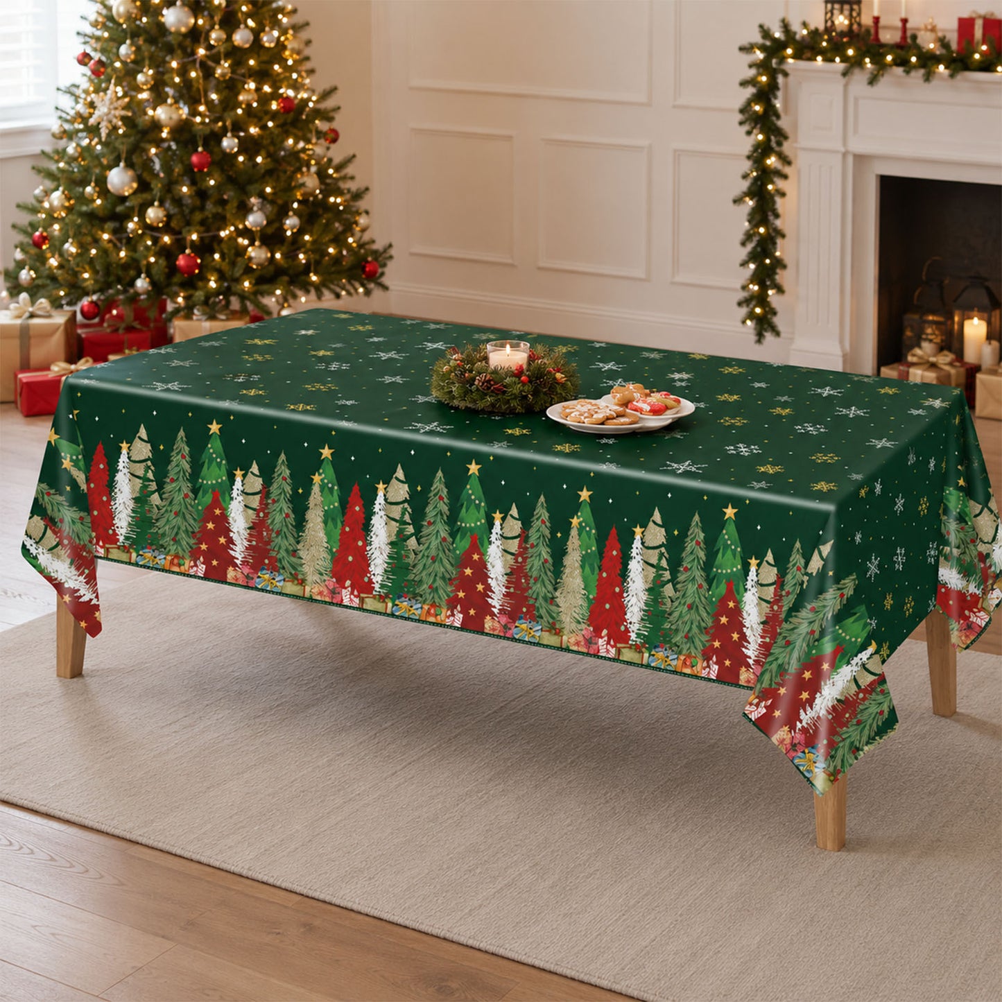 5 Pack 54"x108" Plastic Christmas Tablecloths Rectangular - Green, Christmas Tree, Snowflake & Gift 