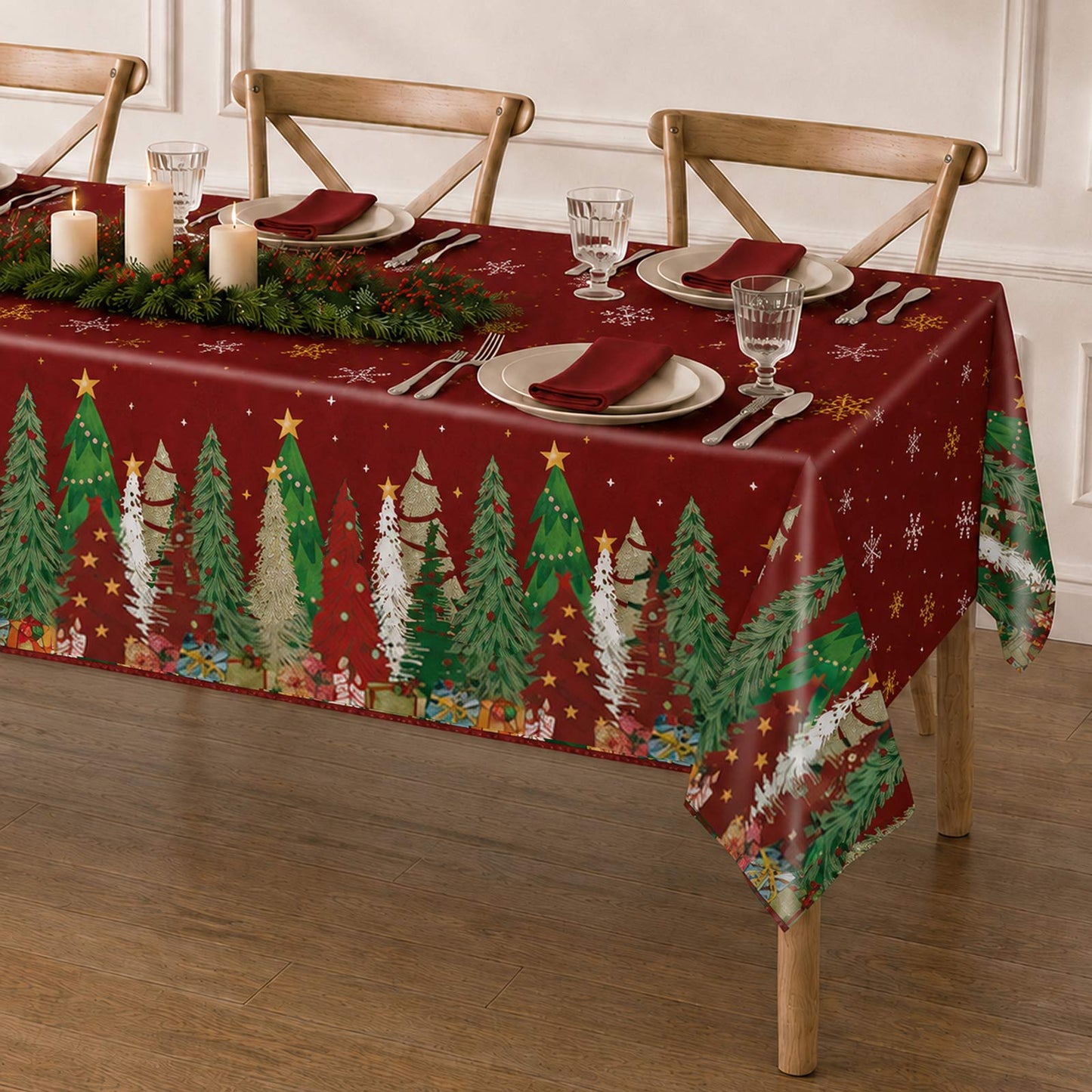 5 Pack 54"x108" Plastic Christmas Tablecloths Rectangular - Red, Christmas Tree, Snowflake & Gift Di