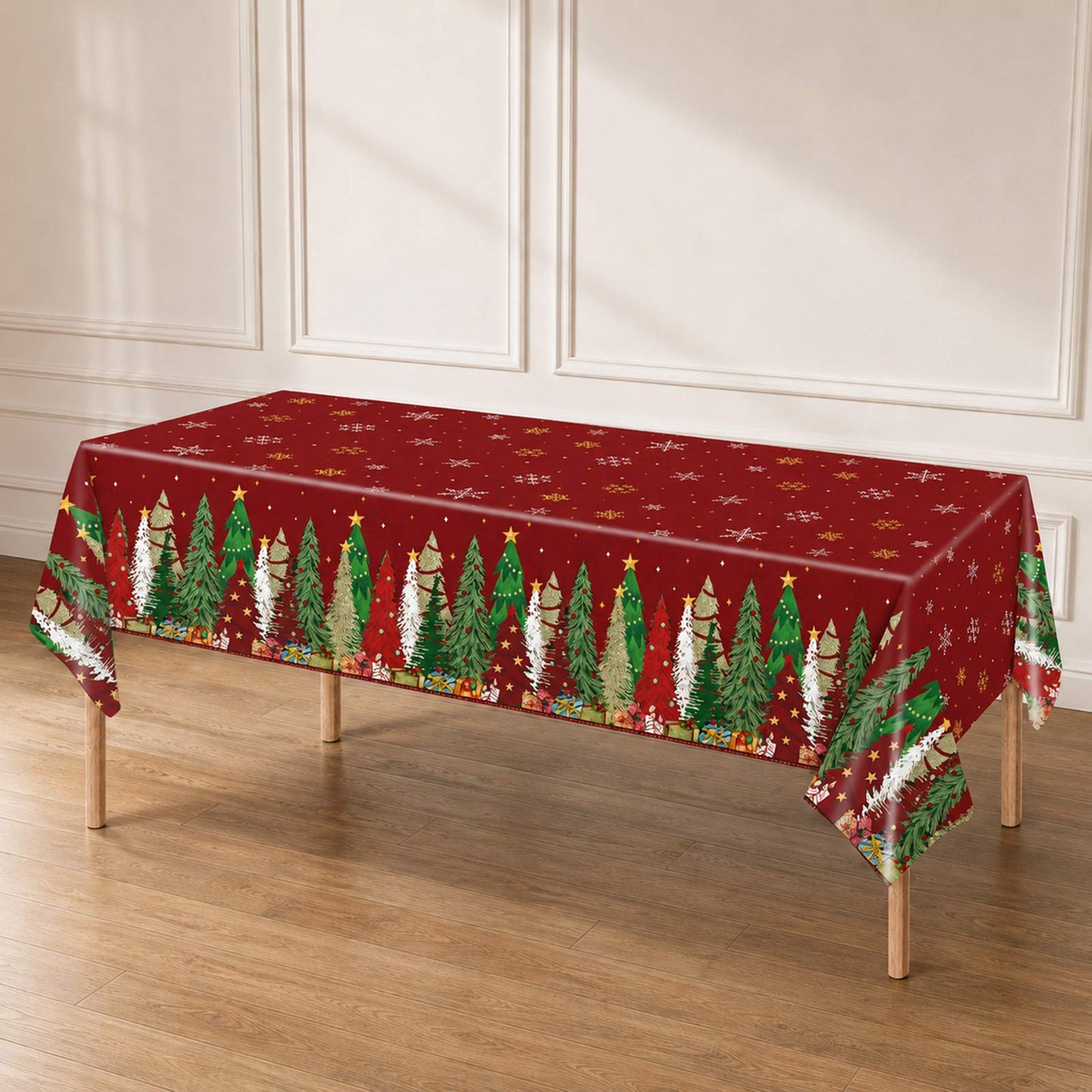 5 Pack 54"x108" Plastic Christmas Tablecloths Rectangular - Red, Christmas Tree, Snowflake & Gift Di