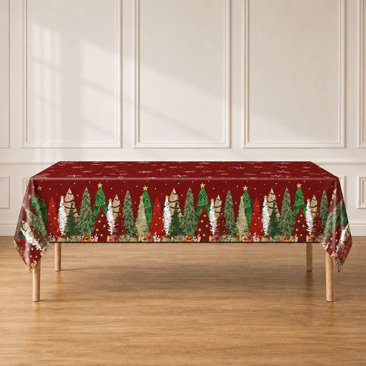 5 Pack 54"x108" Plastic Christmas Tablecloths Rectangular - Red, Christmas Tree, Snowflake & Gift Di