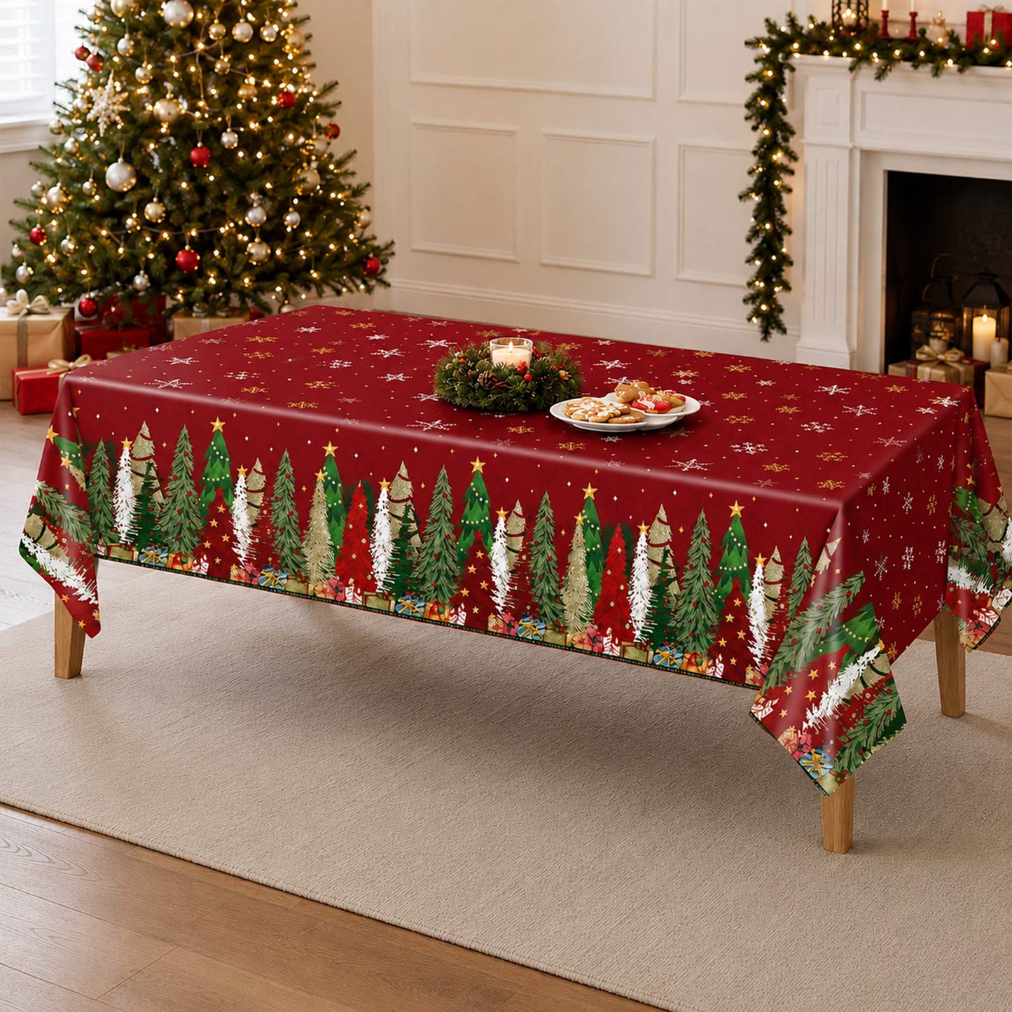 5 Pack 54"x108" Plastic Christmas Tablecloths Rectangular - Red, Christmas Tree, Snowflake & Gift Di