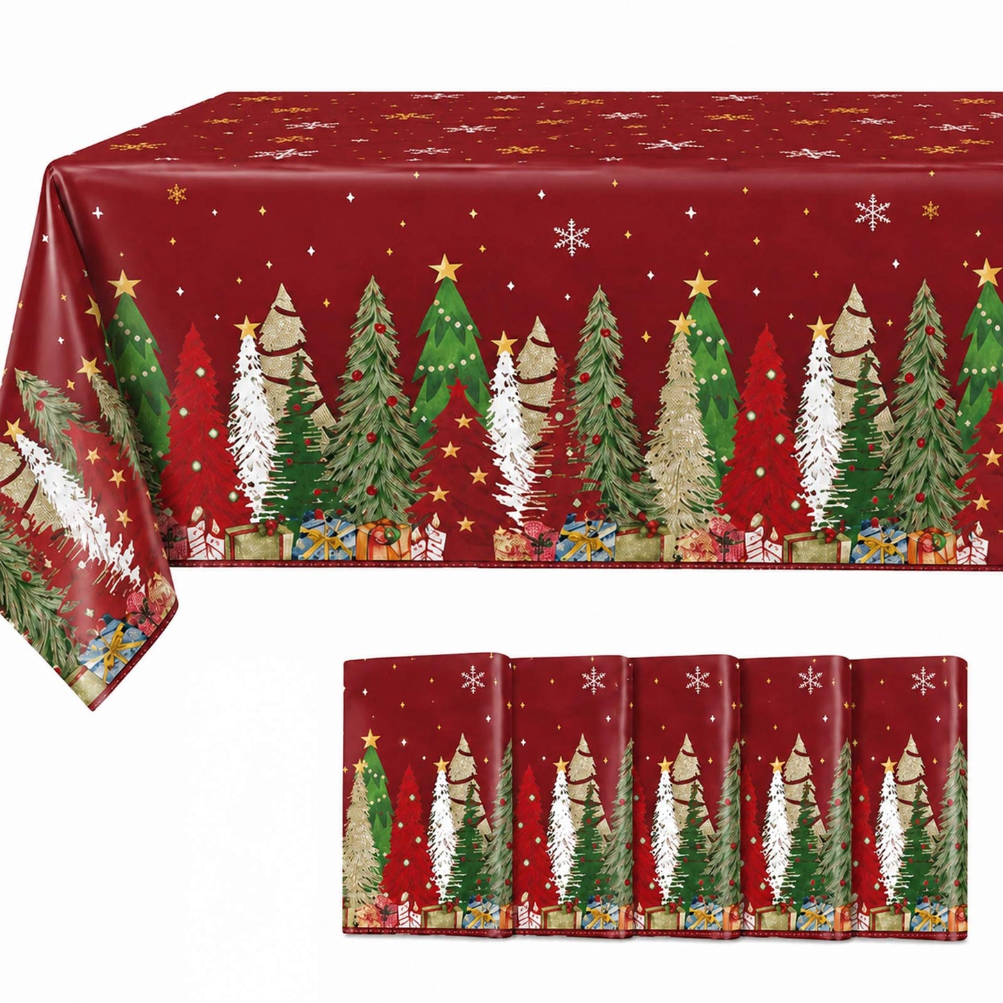 5 Pack 54"x108" Plastic Christmas Tablecloths Rectangular - Red, Christmas Tree, Snowflake & Gift Di