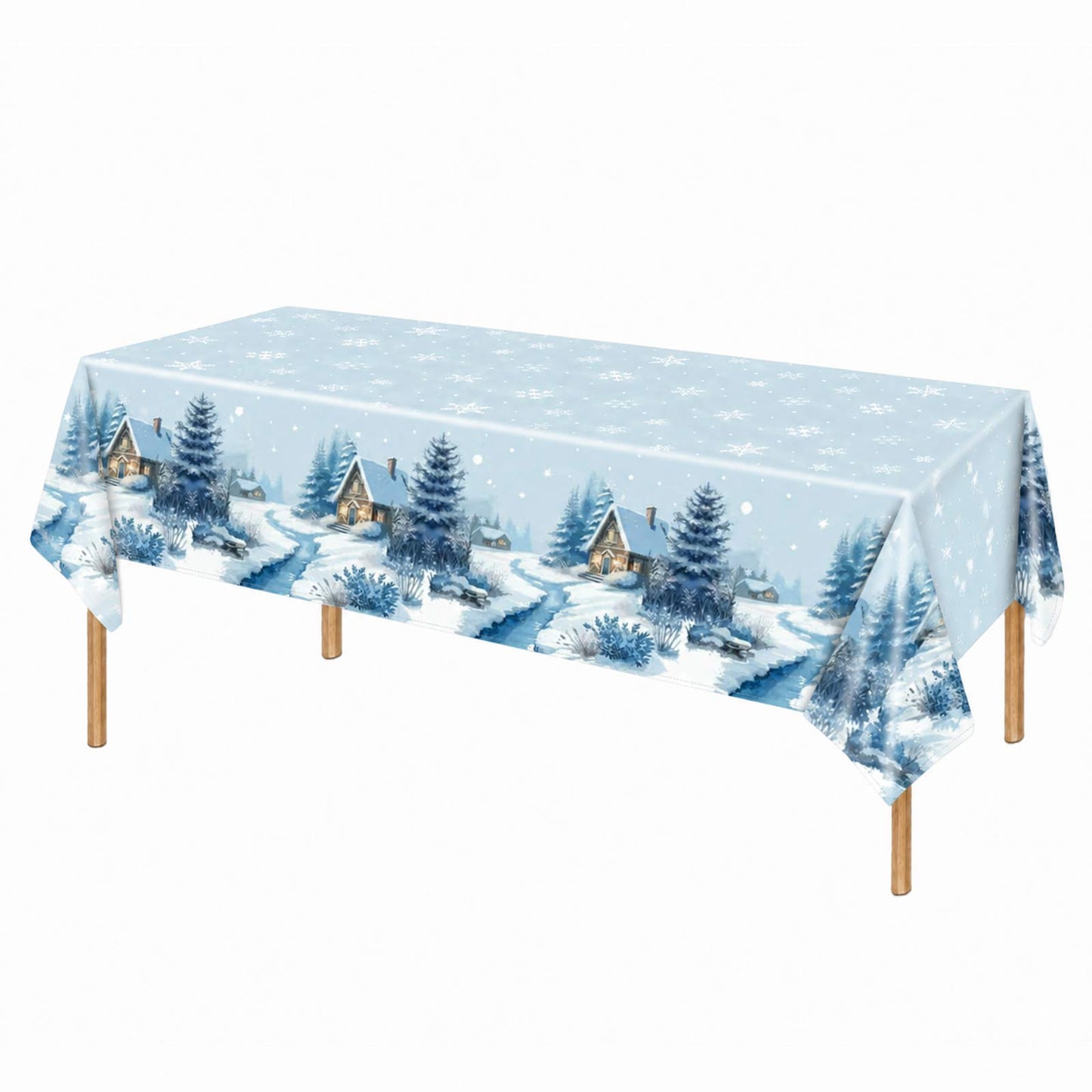 5 Pack 54"x108" Plastic Christmas Tablecloths Rectangular - Blue, Snowy Winter Village Cabin & Pine 