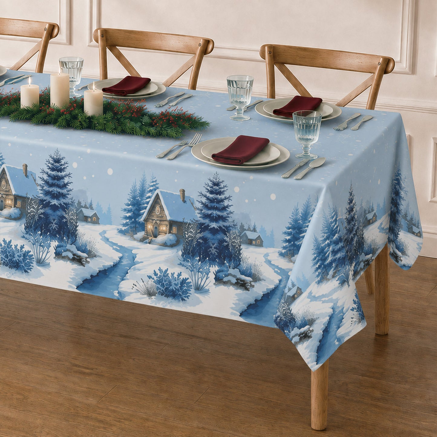 5 Pack 54"x108" Plastic Christmas Tablecloths Rectangular - Blue, Snowy Winter Village Cabin & Pine 