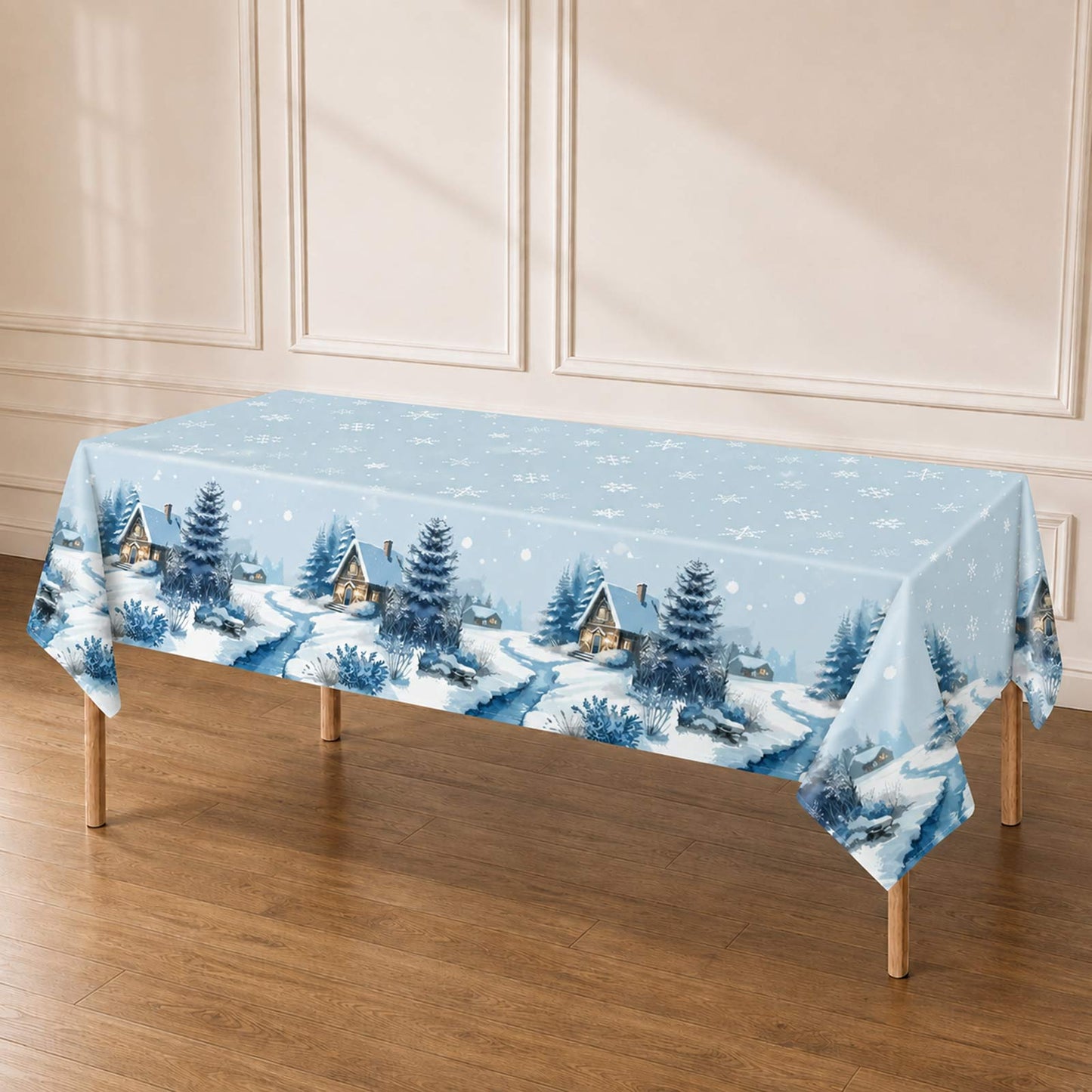 5 Pack 54"x108" Plastic Christmas Tablecloths Rectangular - Blue, Snowy Winter Village Cabin & Pine 