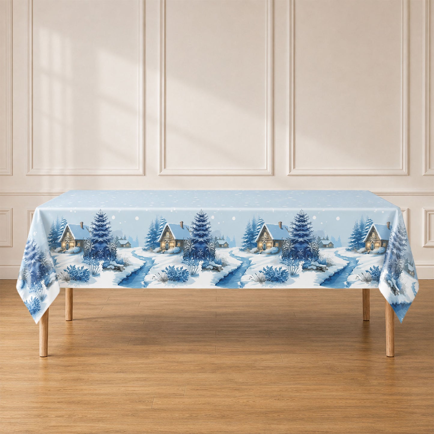 5 Pack 54"x108" Plastic Christmas Tablecloths Rectangular - Blue, Snowy Winter Village Cabin & Pine 