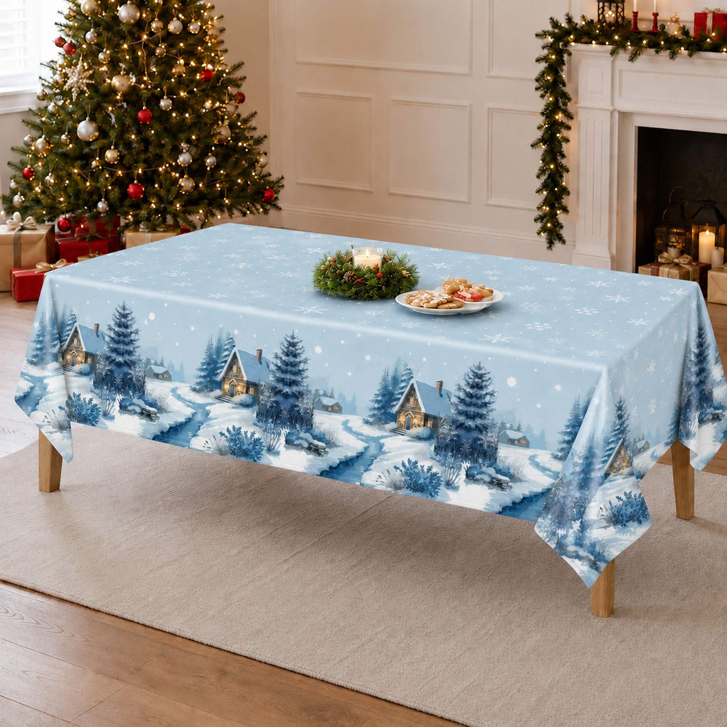 5 Pack 54"x108" Plastic Christmas Tablecloths Rectangular - Blue, Snowy Winter Village Cabin & Pine 