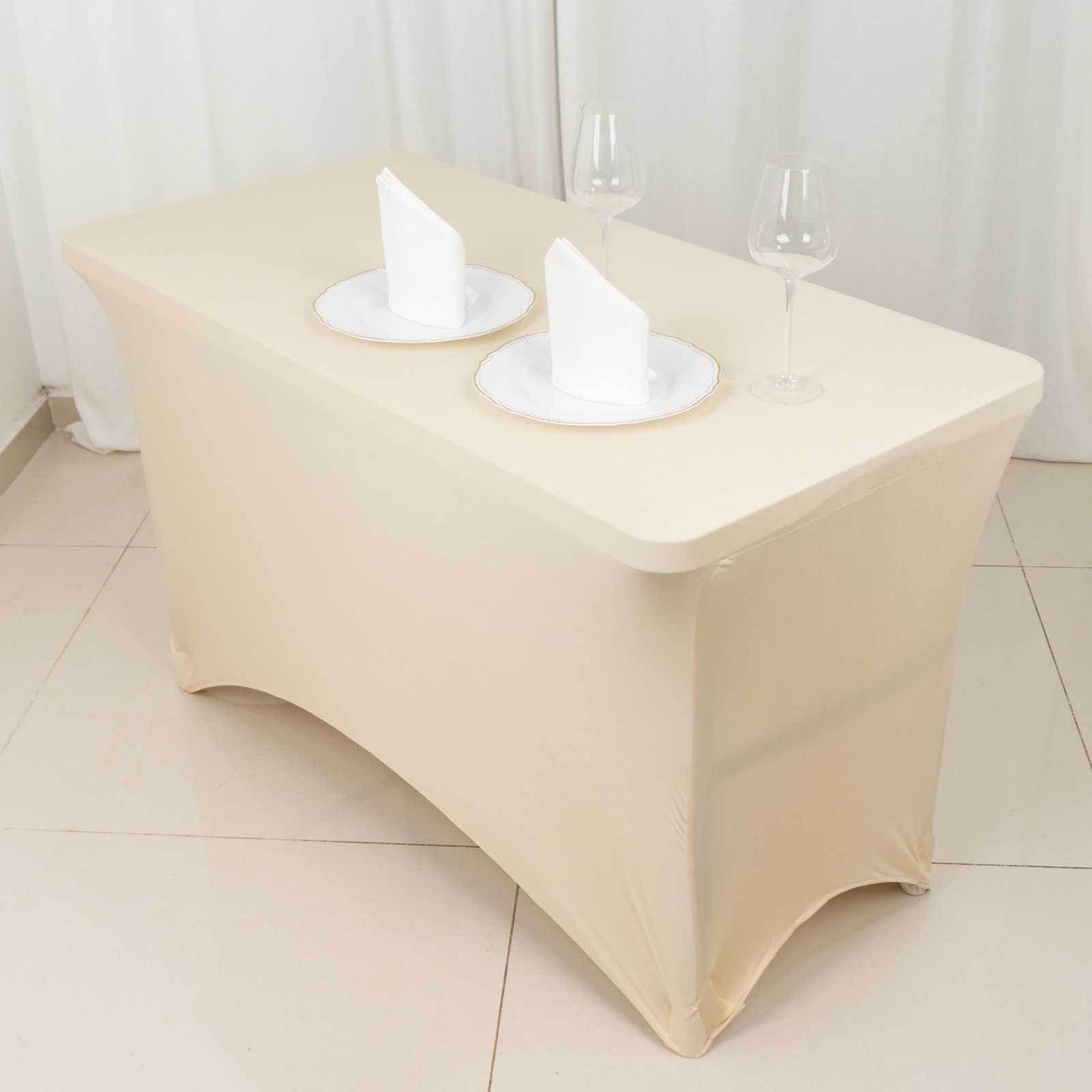 Beige Stretch Spandex Rectangle Tablecloth 4ft Wrinkle Free Fitted Table Cover for 48"x30" Tables