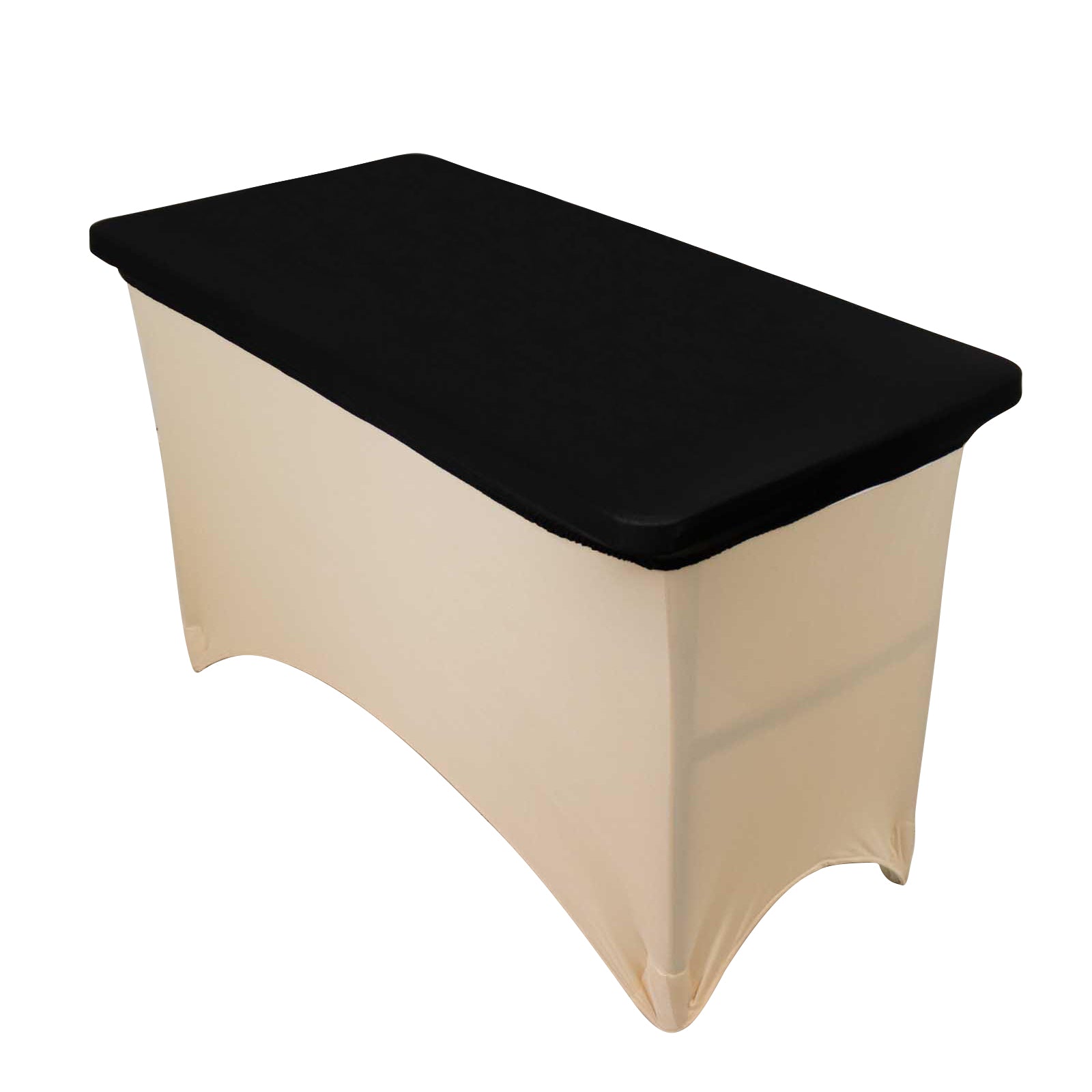 Black fitted tablecloth for 48"x30" tables, wrinkle-free and stretchy.
