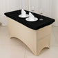 Black fitted tablecloth for 48"x30" tables, wrinkle-free and stretchable.