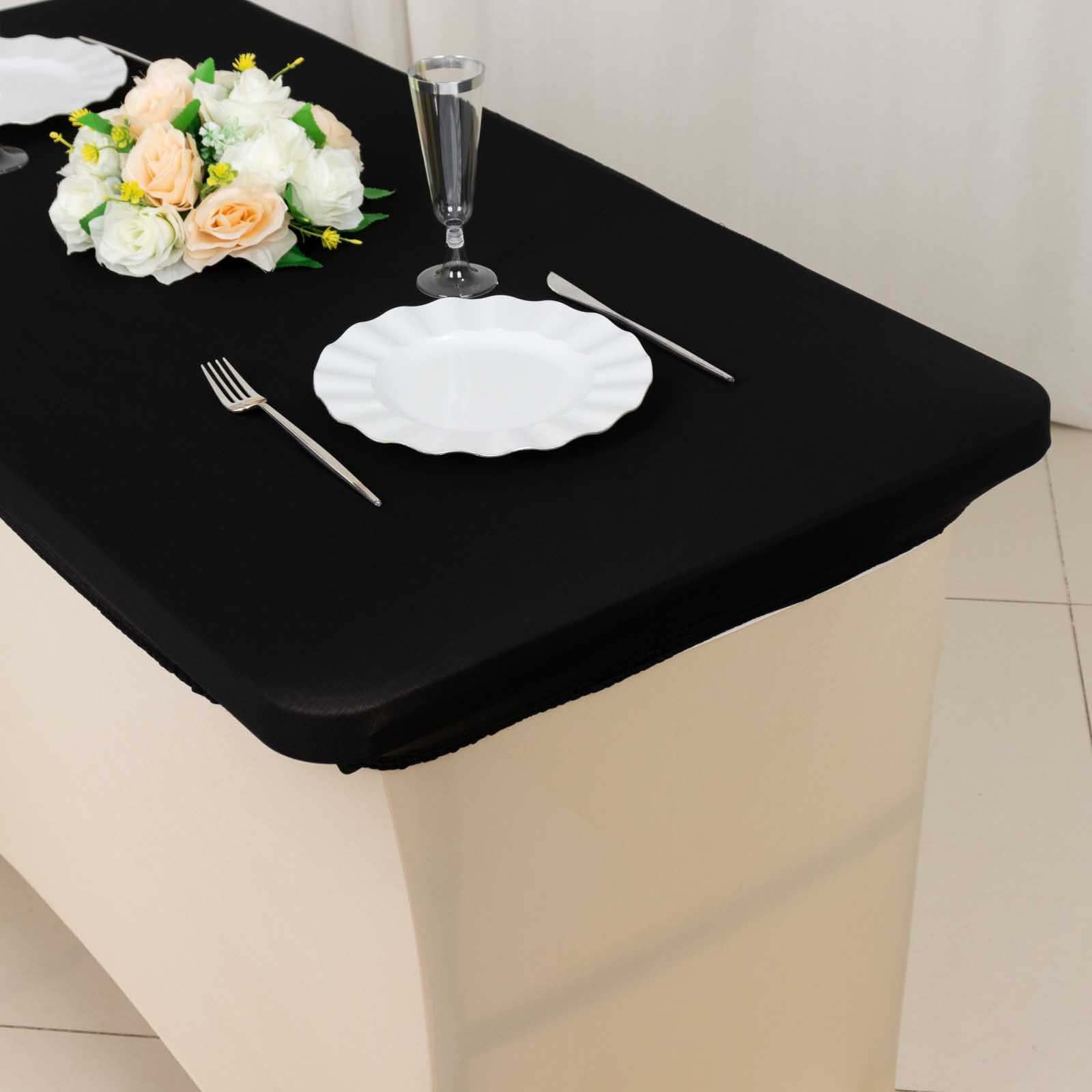 Black stretch spandex tablecloth for 48"x30" tables, wrinkle-free fitted cover.