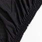 Black fitted tablecloth cover for 48"x30" tables, wrinkle-free stretch spandex.