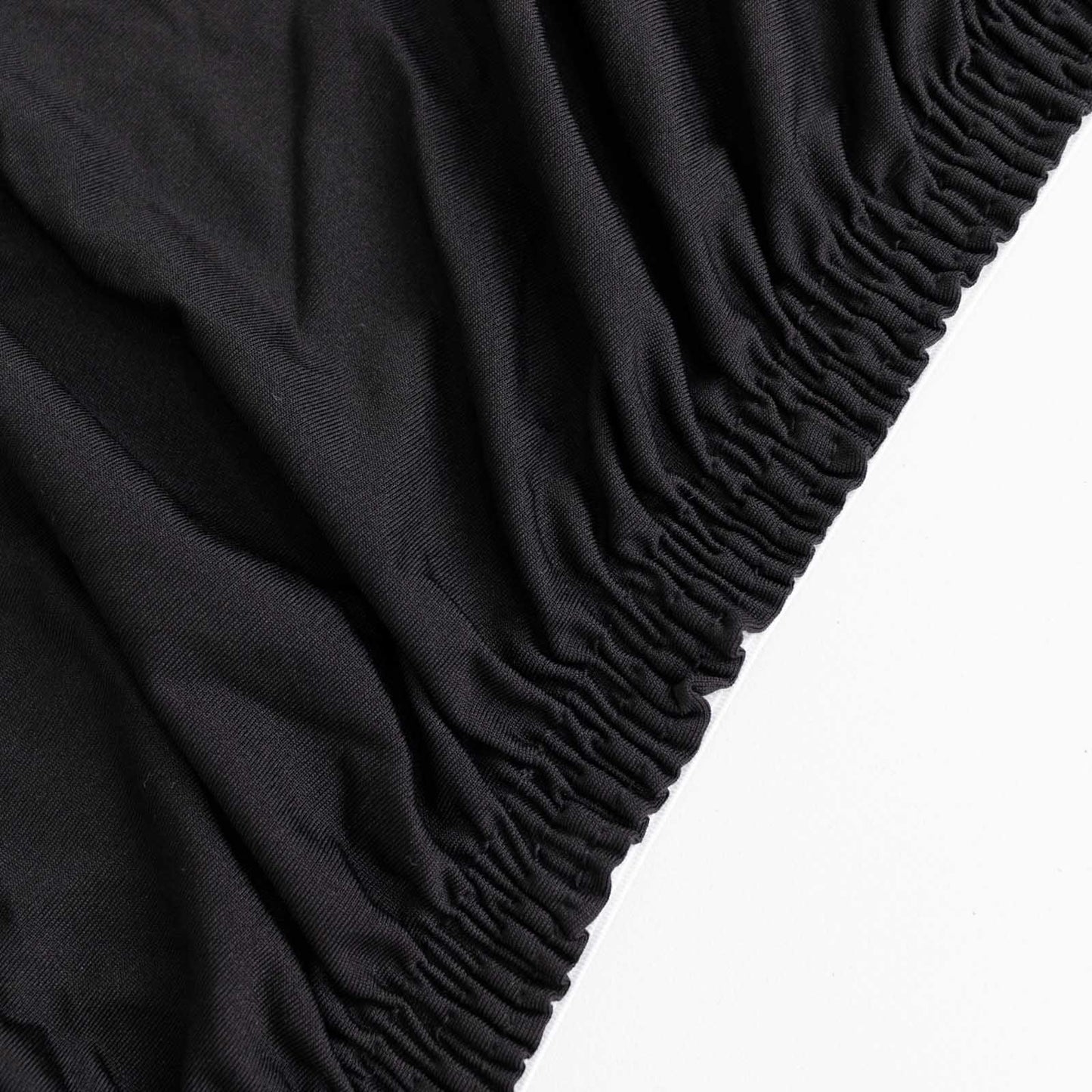 Black fitted tablecloth cover for 48"x30" tables, wrinkle-free stretch spandex.