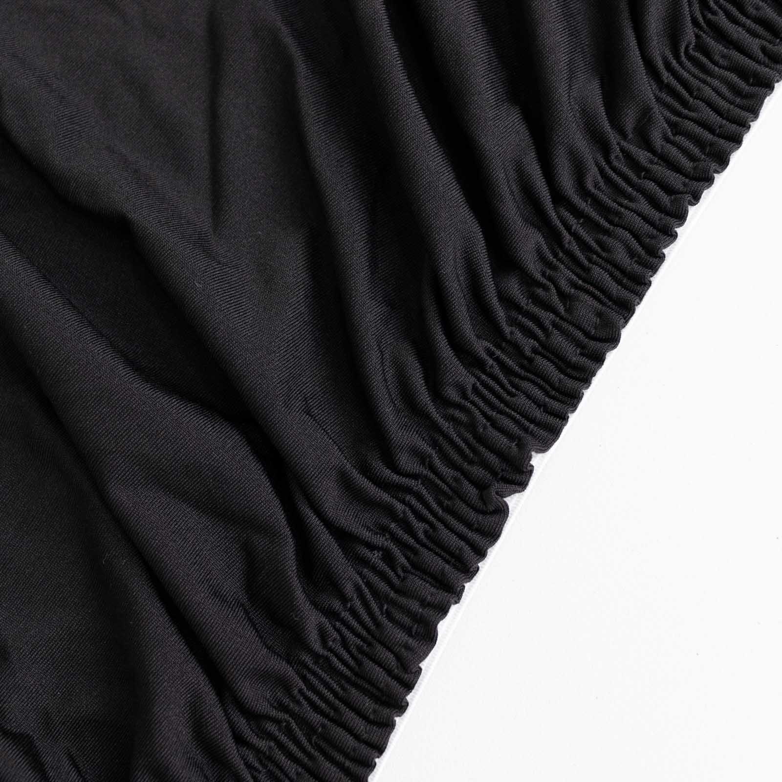 Black fitted tablecloth cover for 48"x30" tables, wrinkle-free stretch spandex.