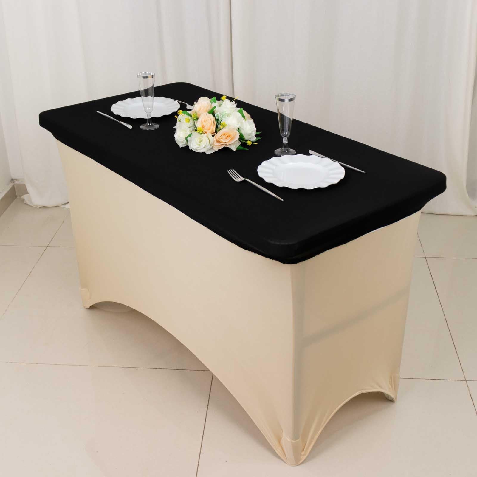 Black fitted tablecloth cover for 48"x30" tables. Wrinkle-free design.