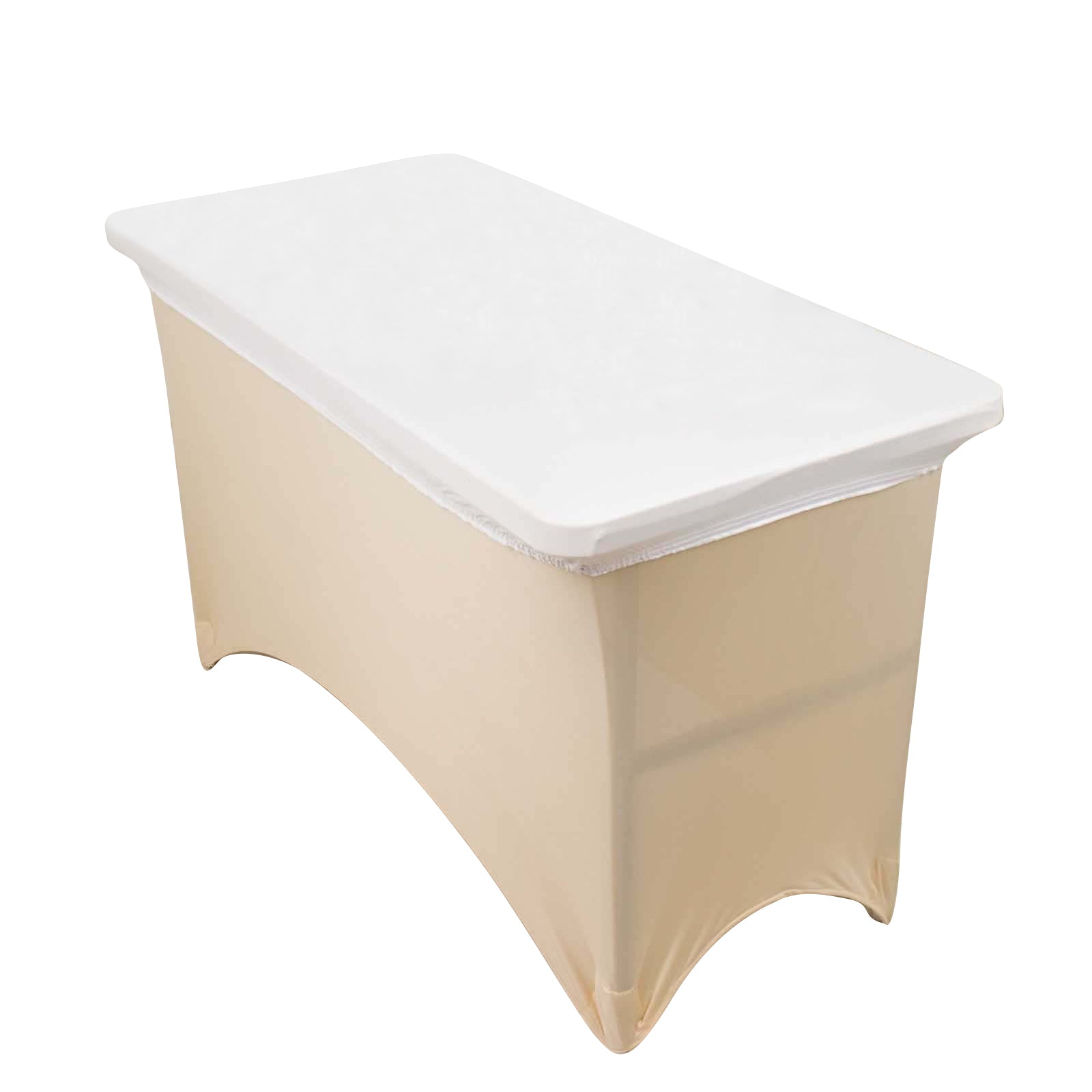White fitted tablecloth for 4ft rectangle table, wrinkle-free cover.