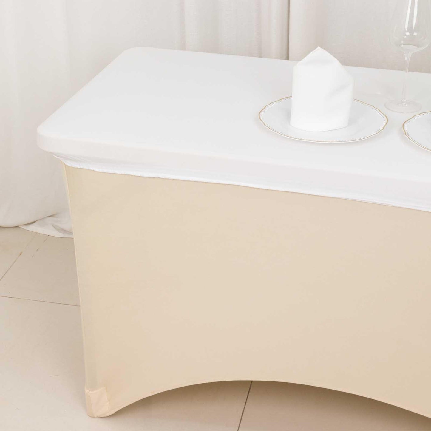 White stretch spandex tablecloth cover for 4ft rectangle tables.