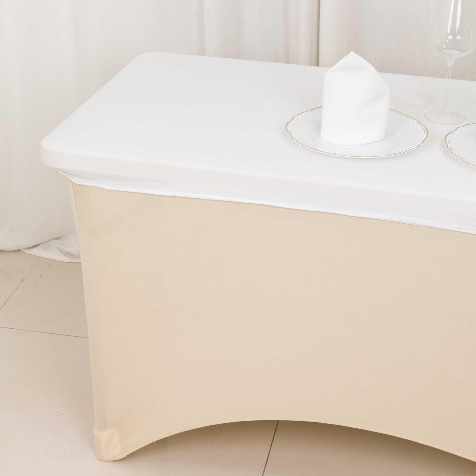 White stretch spandex tablecloth cover for 4ft rectangle tables.