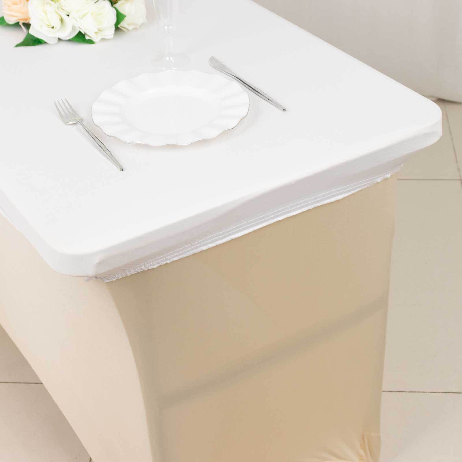 White fitted spandex tablecloth for 48"x30" tables. Wrinkle-free design.