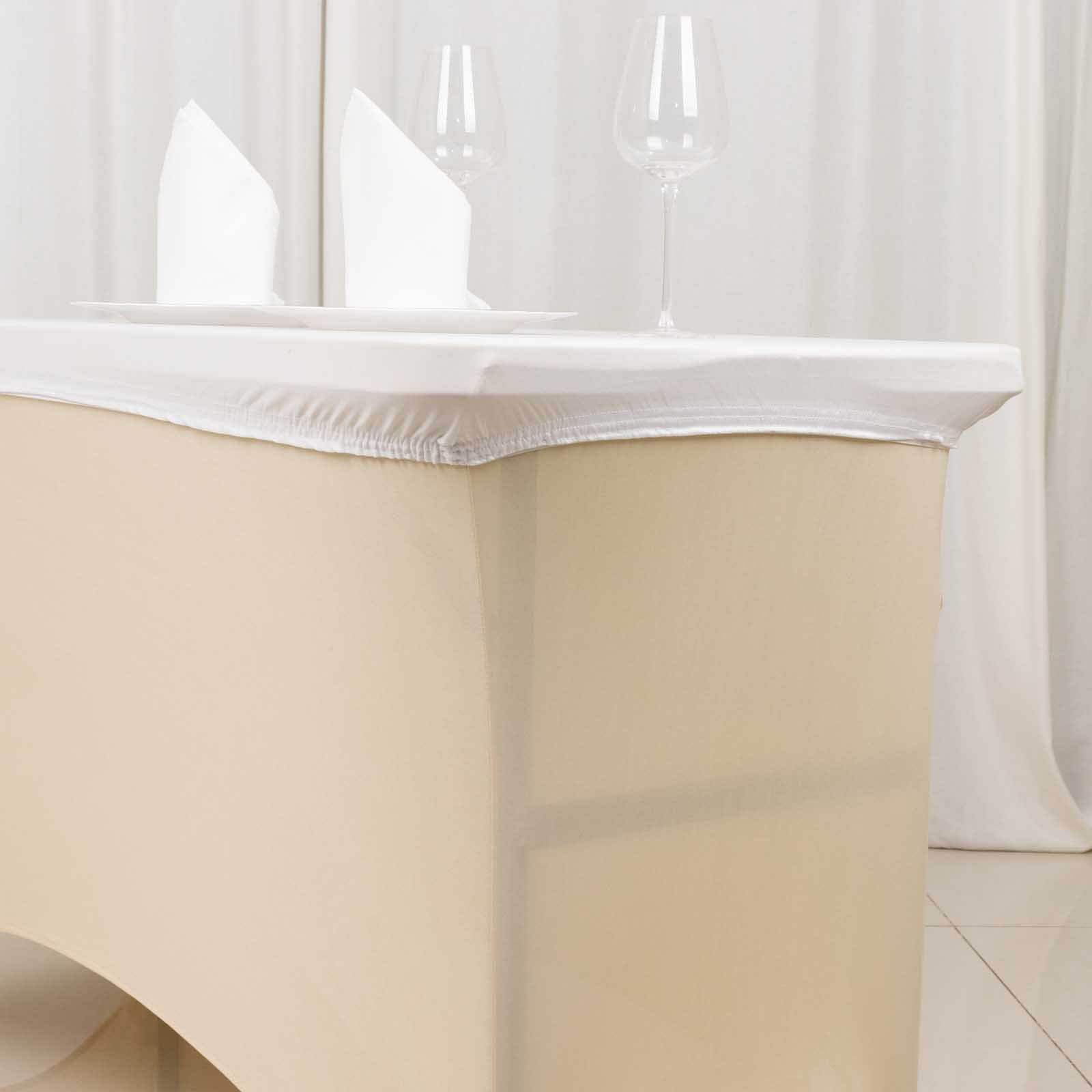 White fitted tablecloth cover for 48"x30" table, wrinkle-free and stretchy.