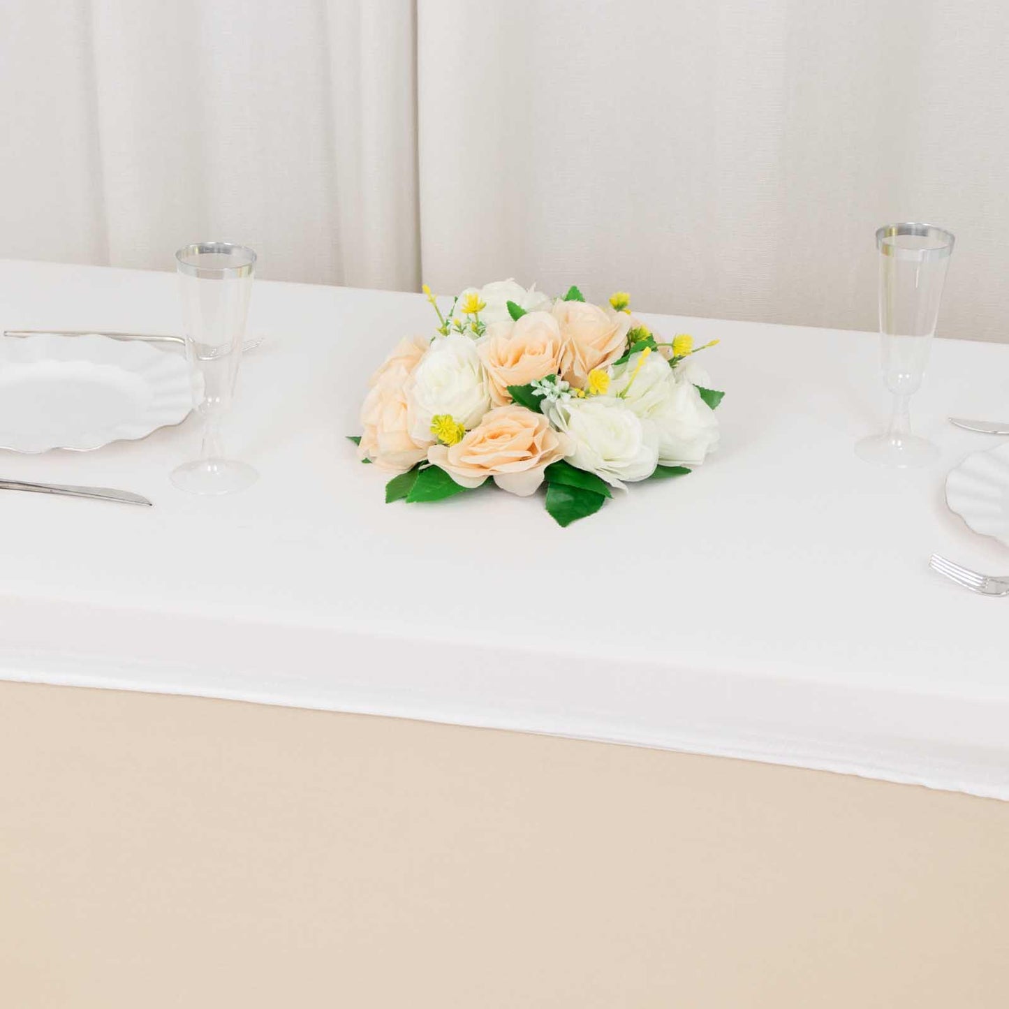 White stretch spandex tablecloth cover for 4ft tables, wrinkle-free and fitted.