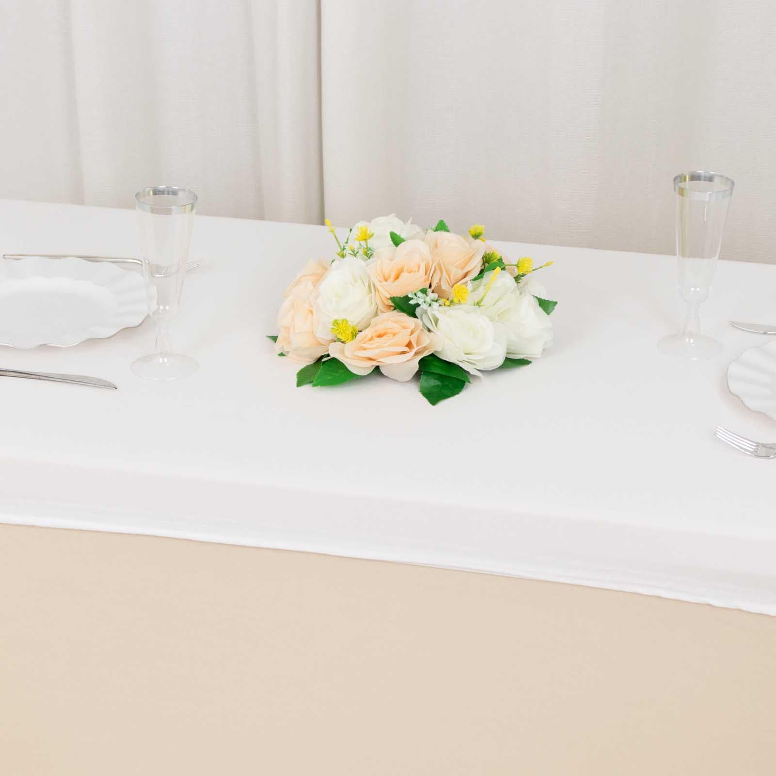 White stretch spandex tablecloth cover for 4ft tables, wrinkle-free and fitted.