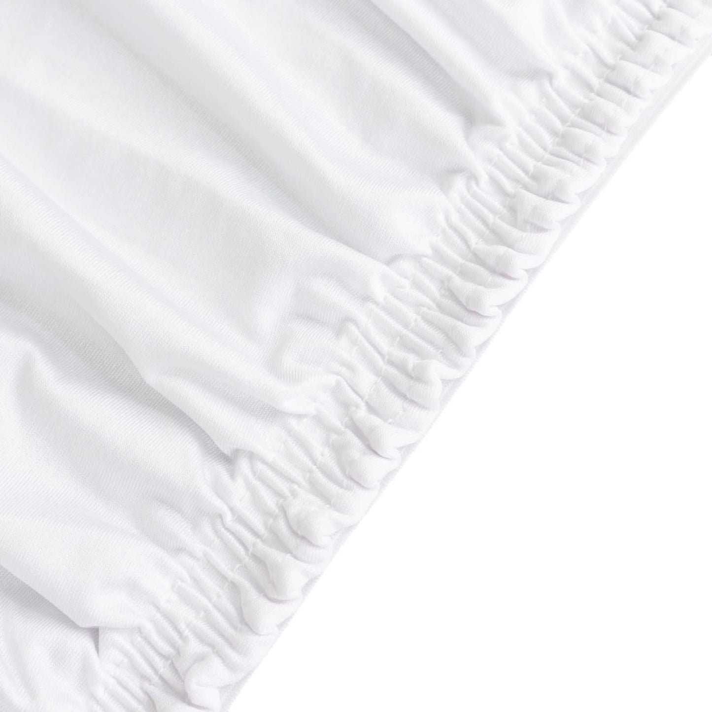 White fitted tablecloth for 48"x30" tables, wrinkle-free stretch spandex cover.