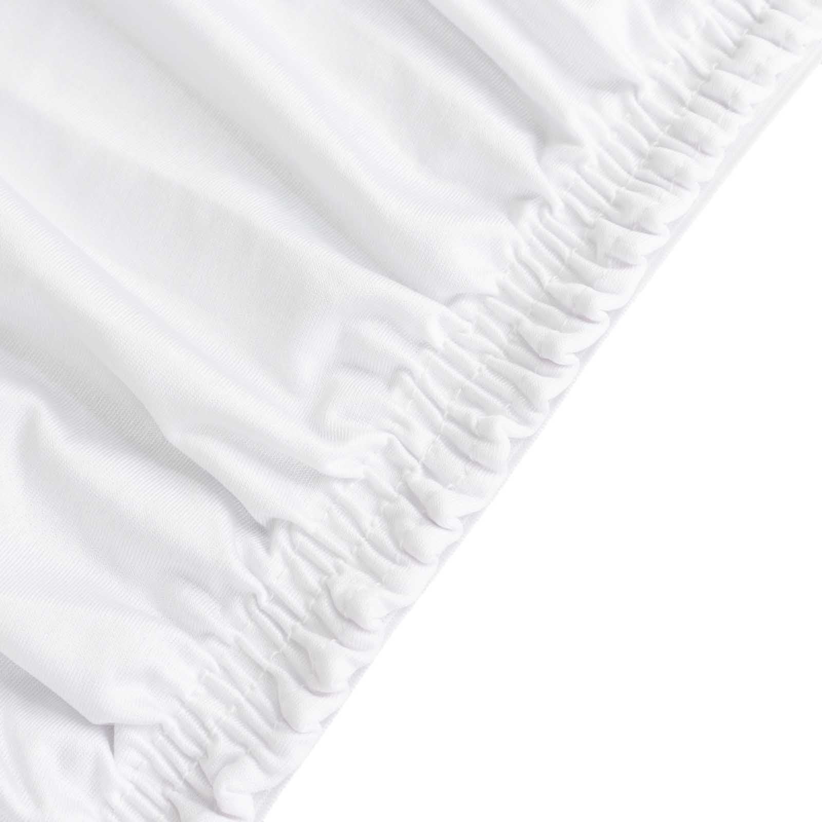 White fitted tablecloth for 48"x30" tables, wrinkle-free stretch spandex cover.