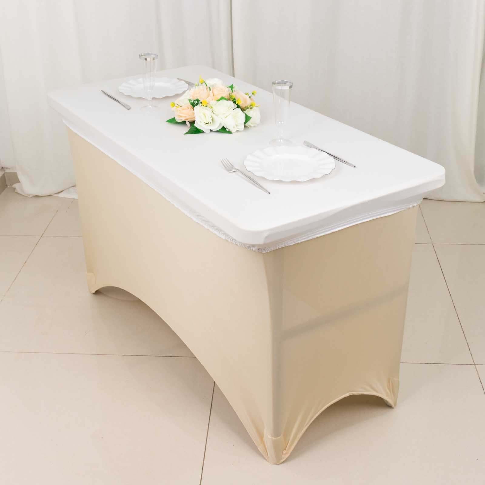 Beige fitted tablecloth cover for 48"x30" table, wrinkle-free design.
