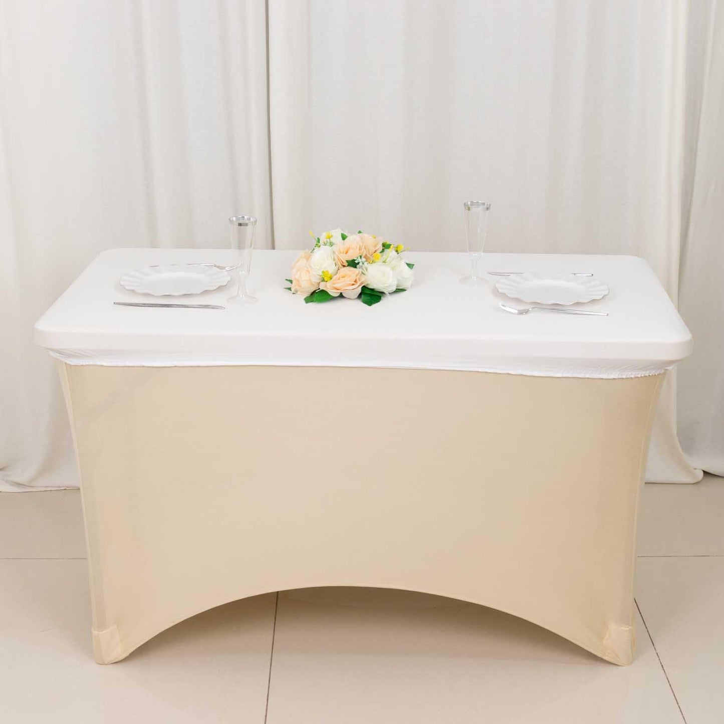 Beige fitted tablecloth for 4ft rectangle table, wrinkle-free design.