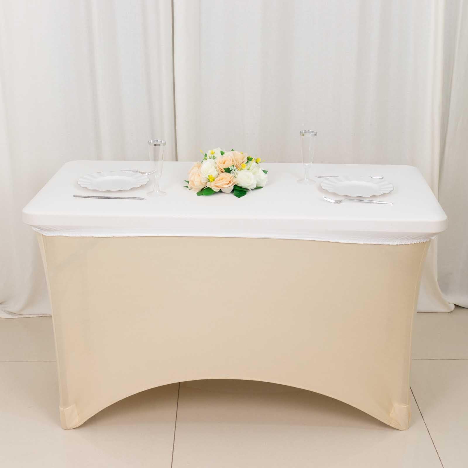 Beige fitted tablecloth for 4ft rectangle table, wrinkle-free design.