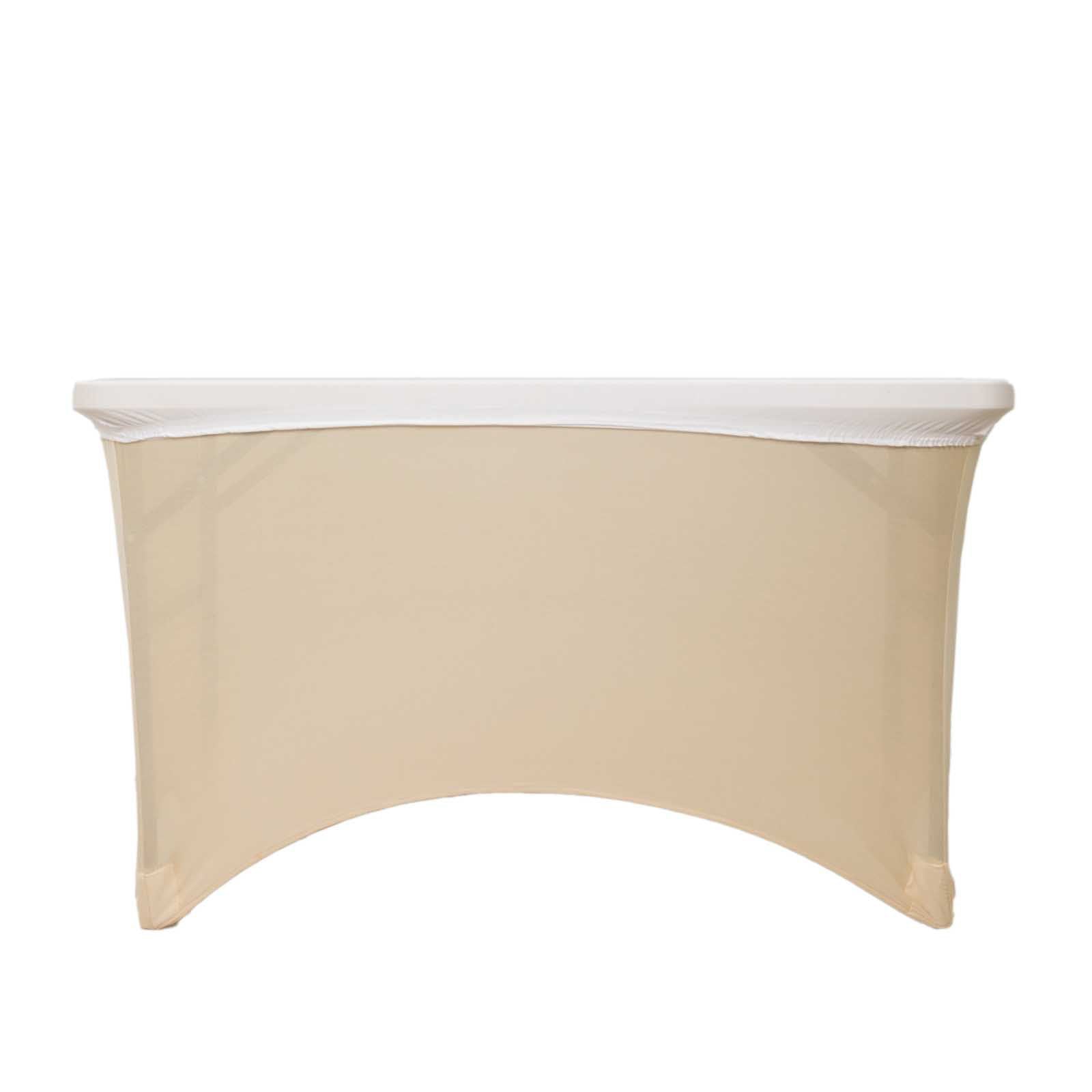 White fitted spandex tablecloth for 48"x30" tables, wrinkle-free and elegant.