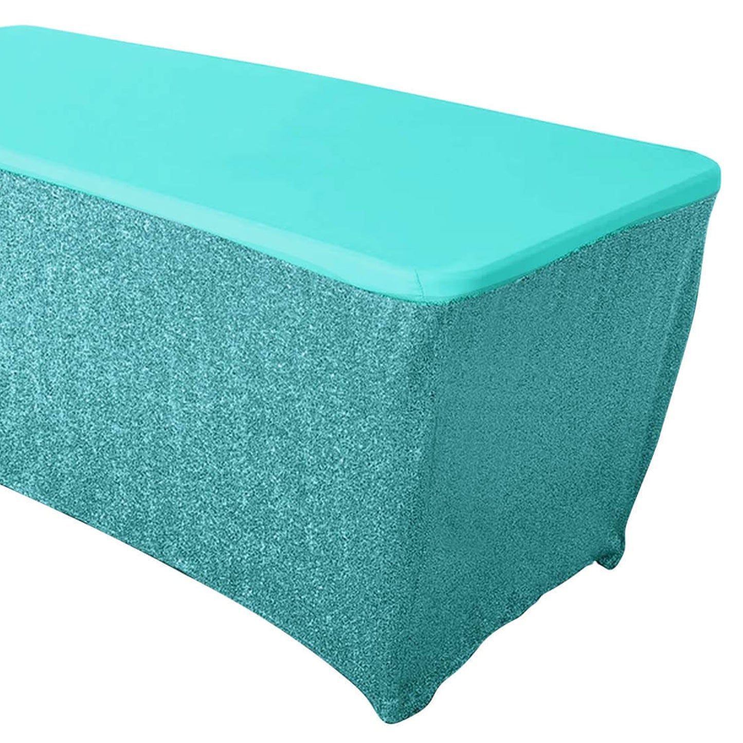 Metallic Shimmer Tinsel Spandex 6 Feet Fitted Tablecloth In Turquoise Rectangular