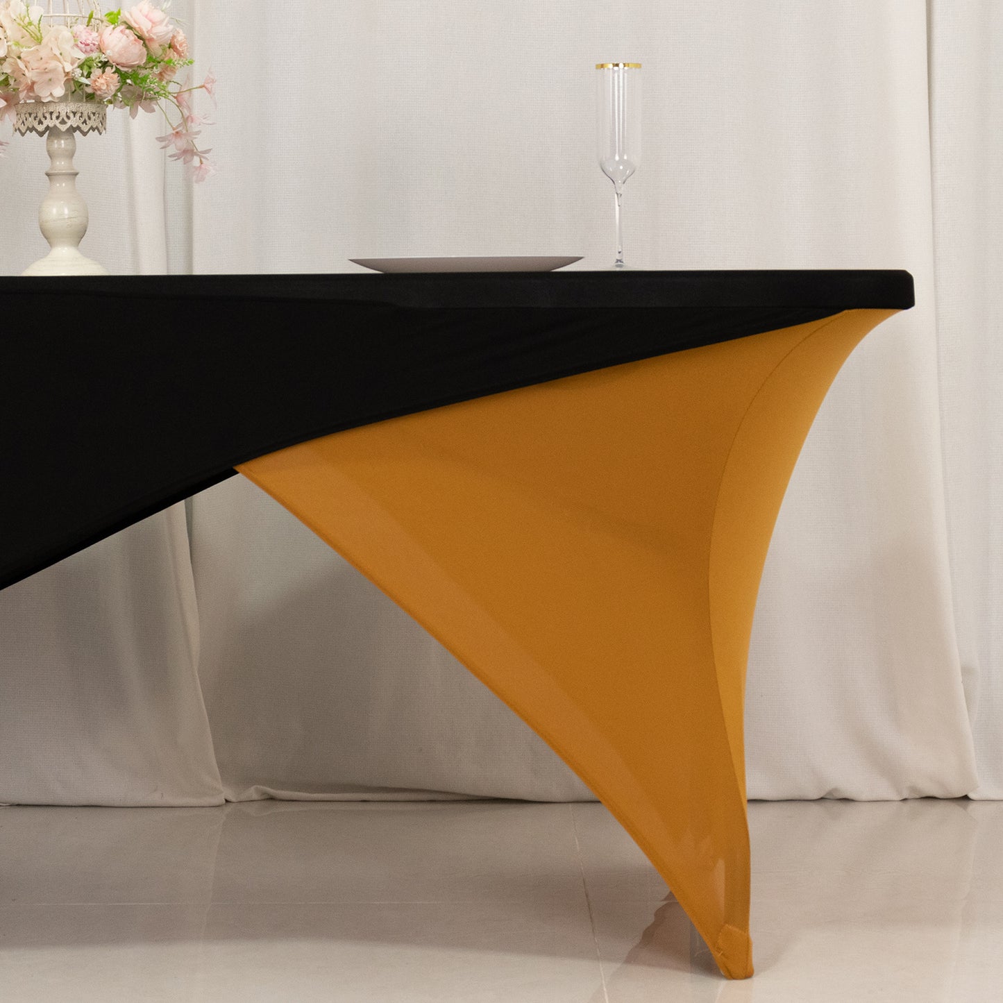 Black Gold Cross Over Stretch Spandex Table Cover 6ft Rectangular Fitted Tablecloth for 72"x30" Tables