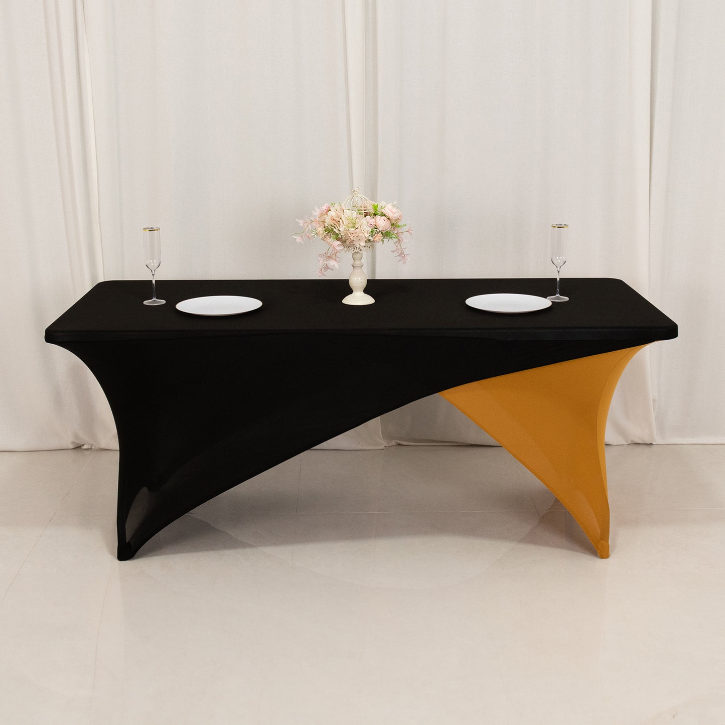 Black Gold Cross Over Stretch Spandex Table Cover 6ft Rectangular Fitted Tablecloth for 72"x30" Tables