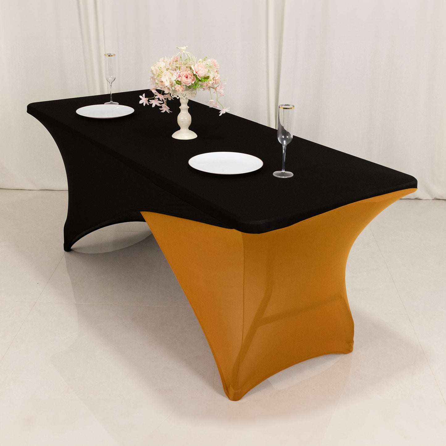 Black Gold Cross Over Stretch Spandex Table Cover 6ft Rectangular Fitted Tablecloth for 72"x30" Tables