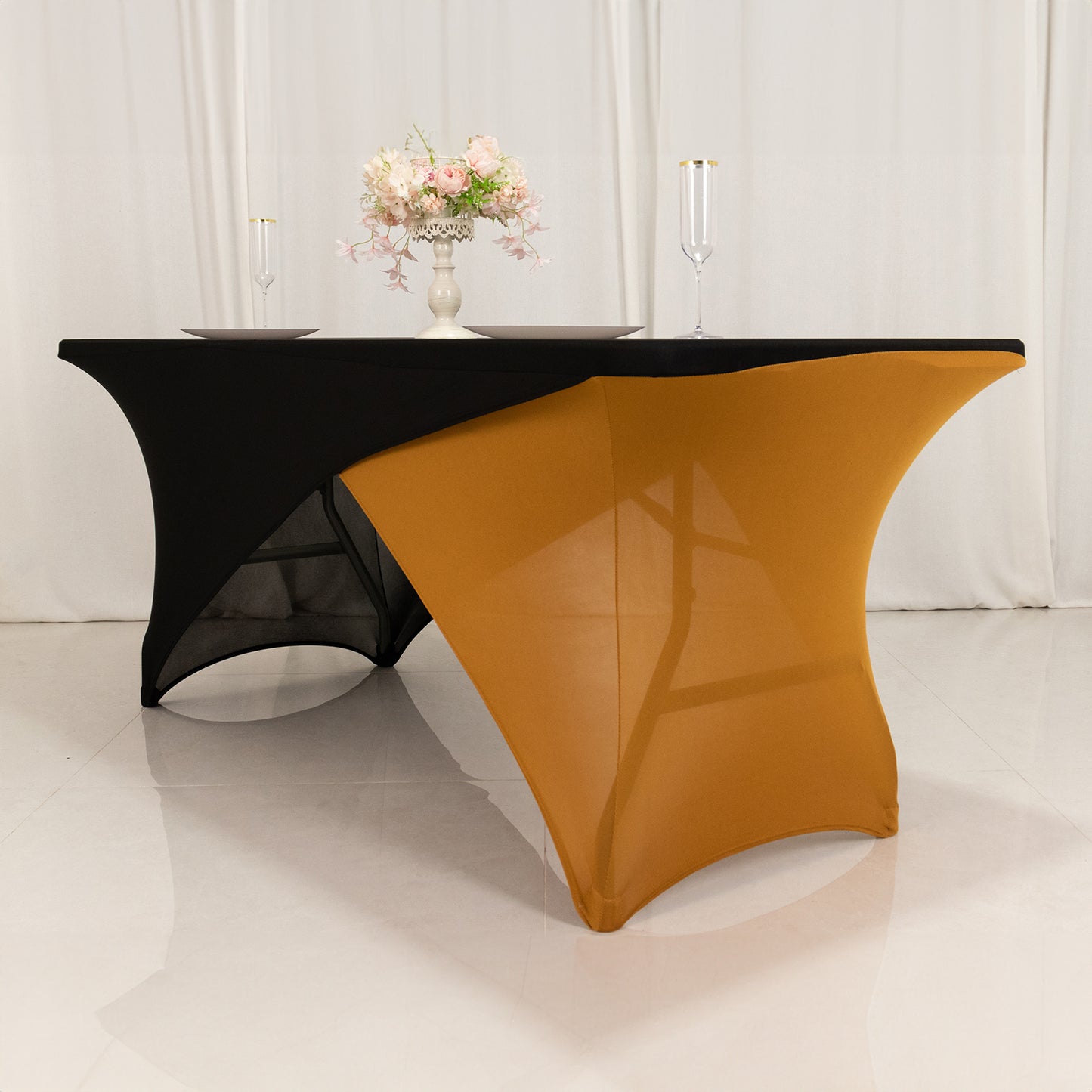 Black Gold Cross Over Stretch Spandex Table Cover 6ft Rectangular Fitted Tablecloth for 72"x30" Tables