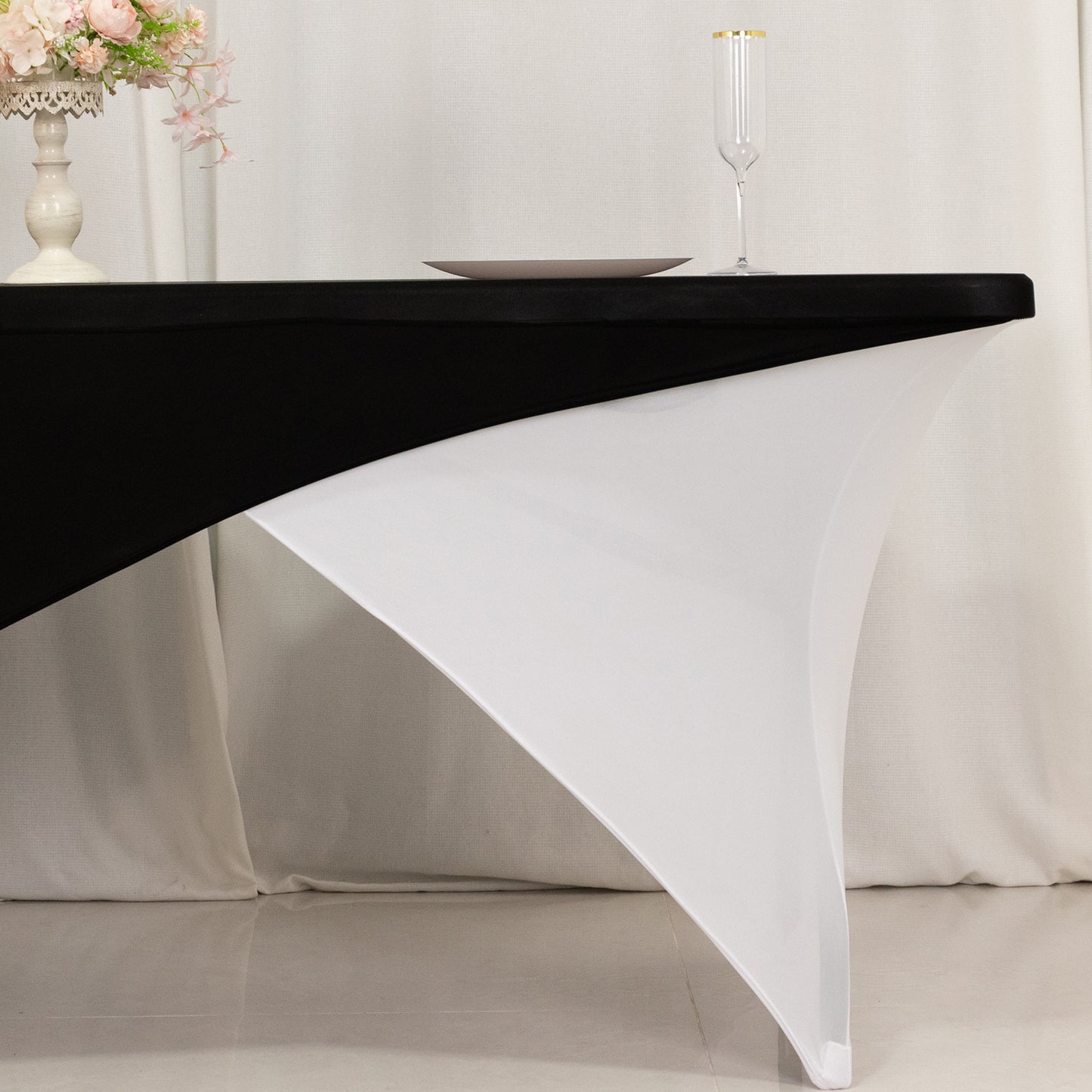 Black White Cross Over Stretch Spandex Table Cover 6ft Rectangular Fitted Tablecloth for 72"x30" Tables