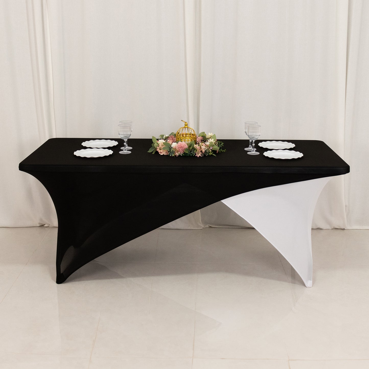 Black White Cross Over Stretch Spandex Table Cover 6ft Rectangular Fitted Tablecloth for 72"x30" Tables