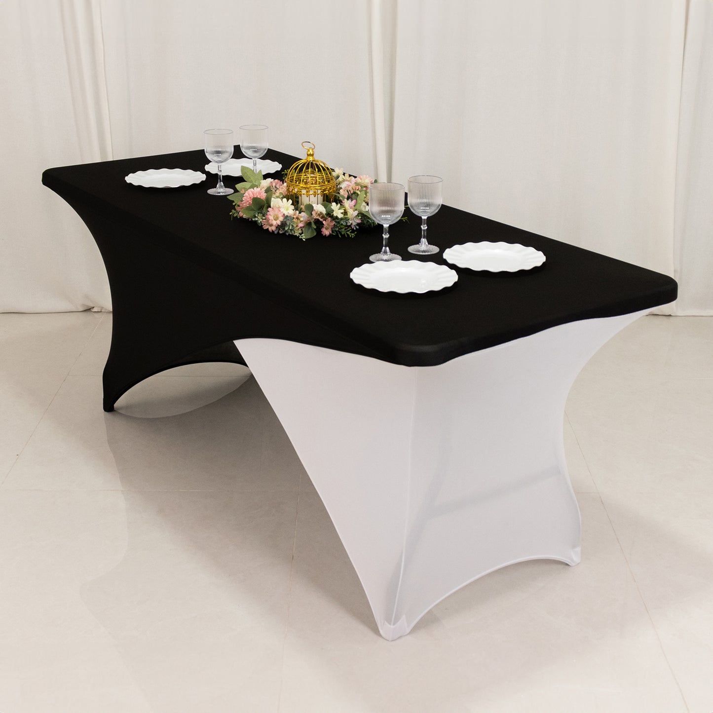 Black White Cross Over Stretch Spandex Table Cover 6ft Rectangular Fitted Tablecloth for 72"x30" Tables